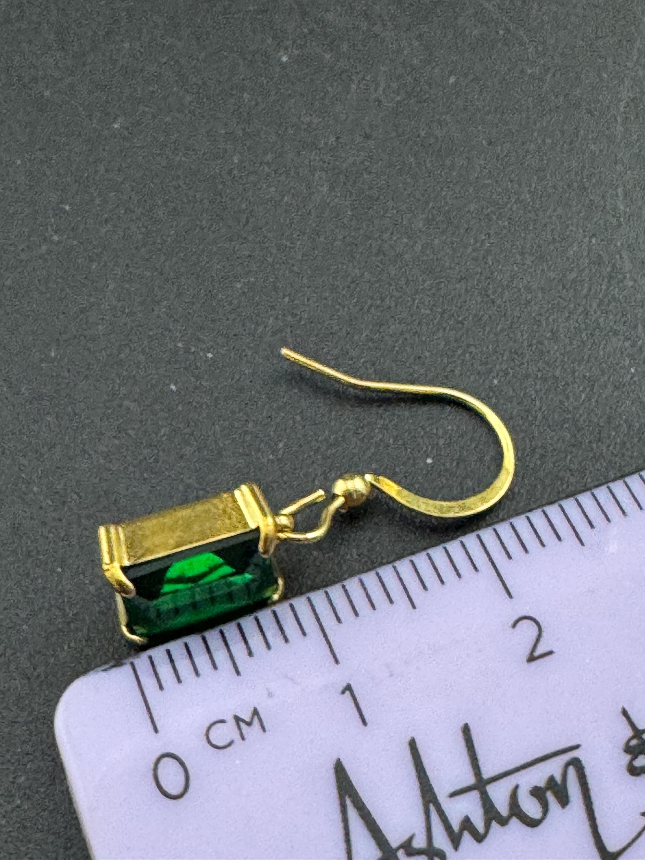 dainty emerald cut green diamanté crystal rectangular drop earrings , gold tone earwires