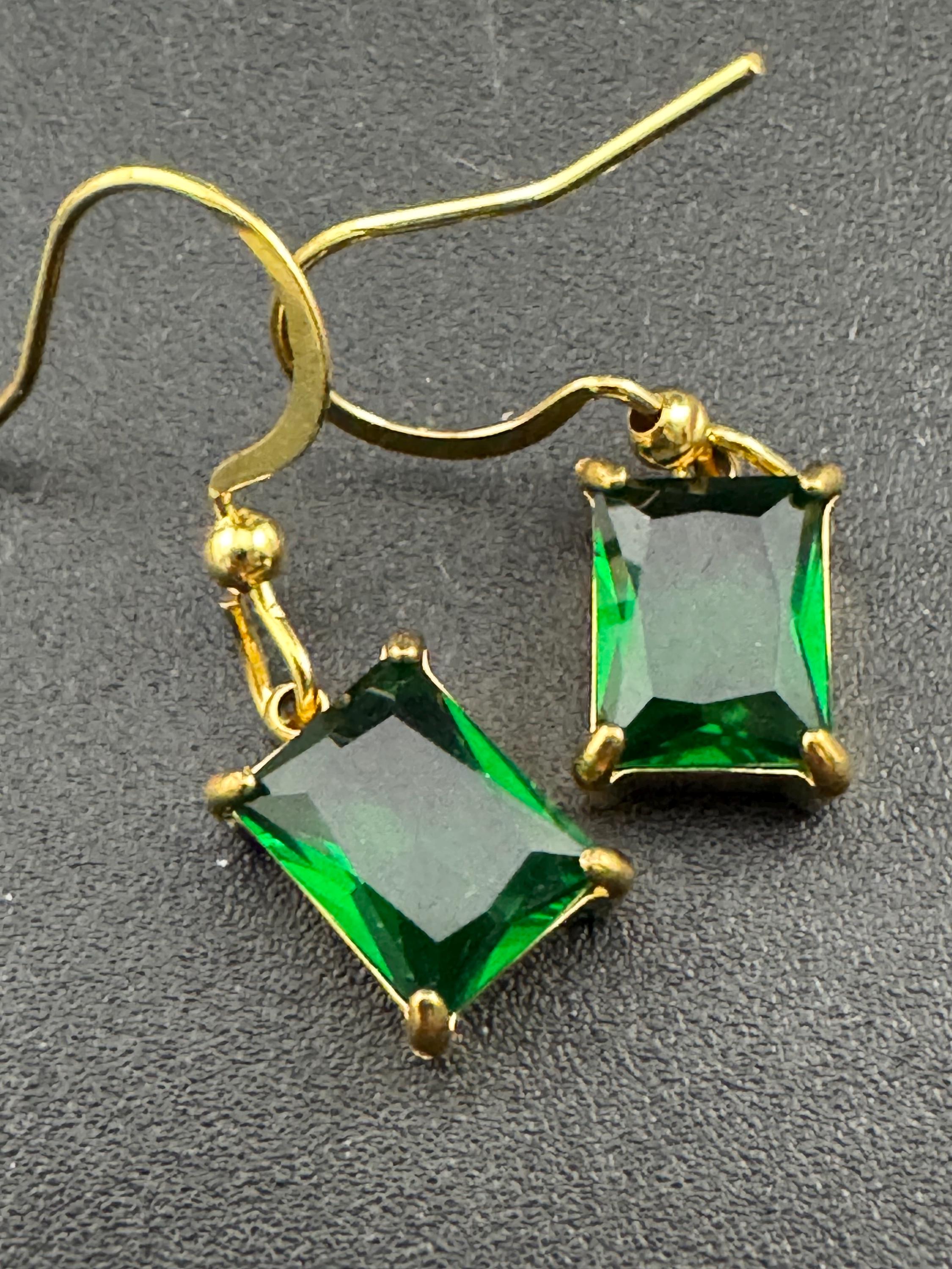 dainty emerald cut green diamanté crystal rectangular drop earrings , gold tone earwires