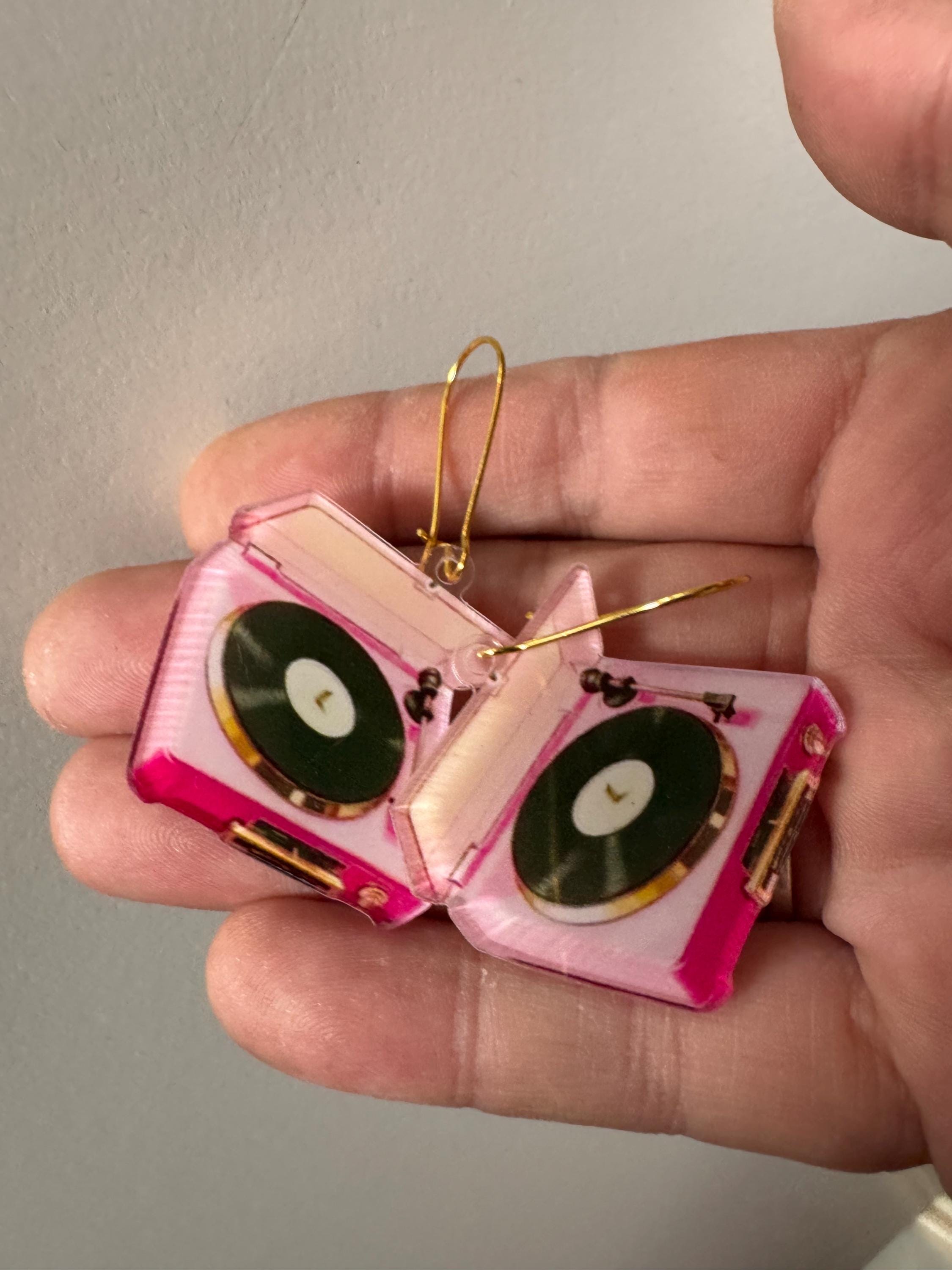 handmade novelty pink decks , record player charm earrings on gold tone kidney earwires