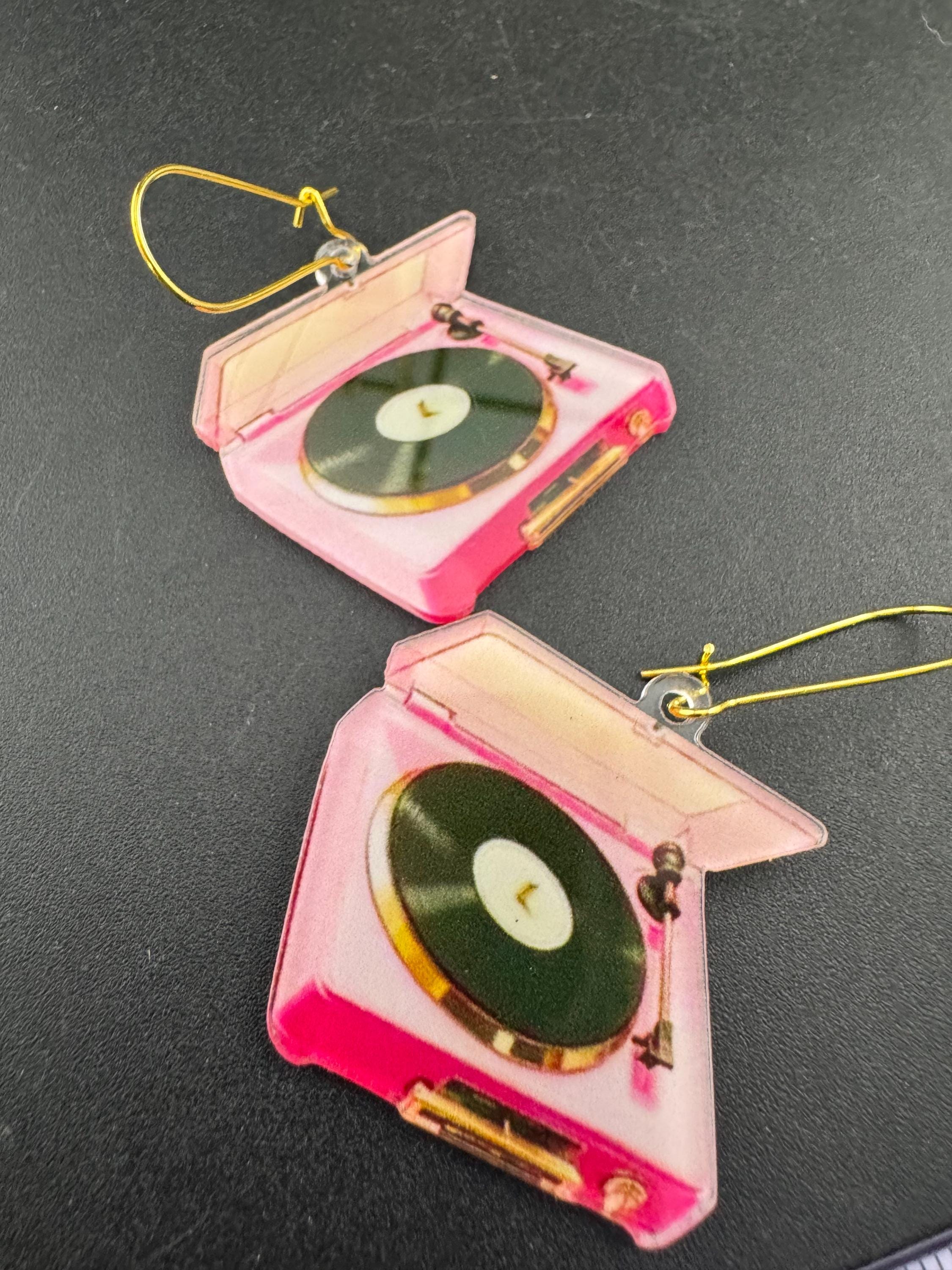 handmade novelty pink decks , record player charm earrings on gold tone kidney earwires