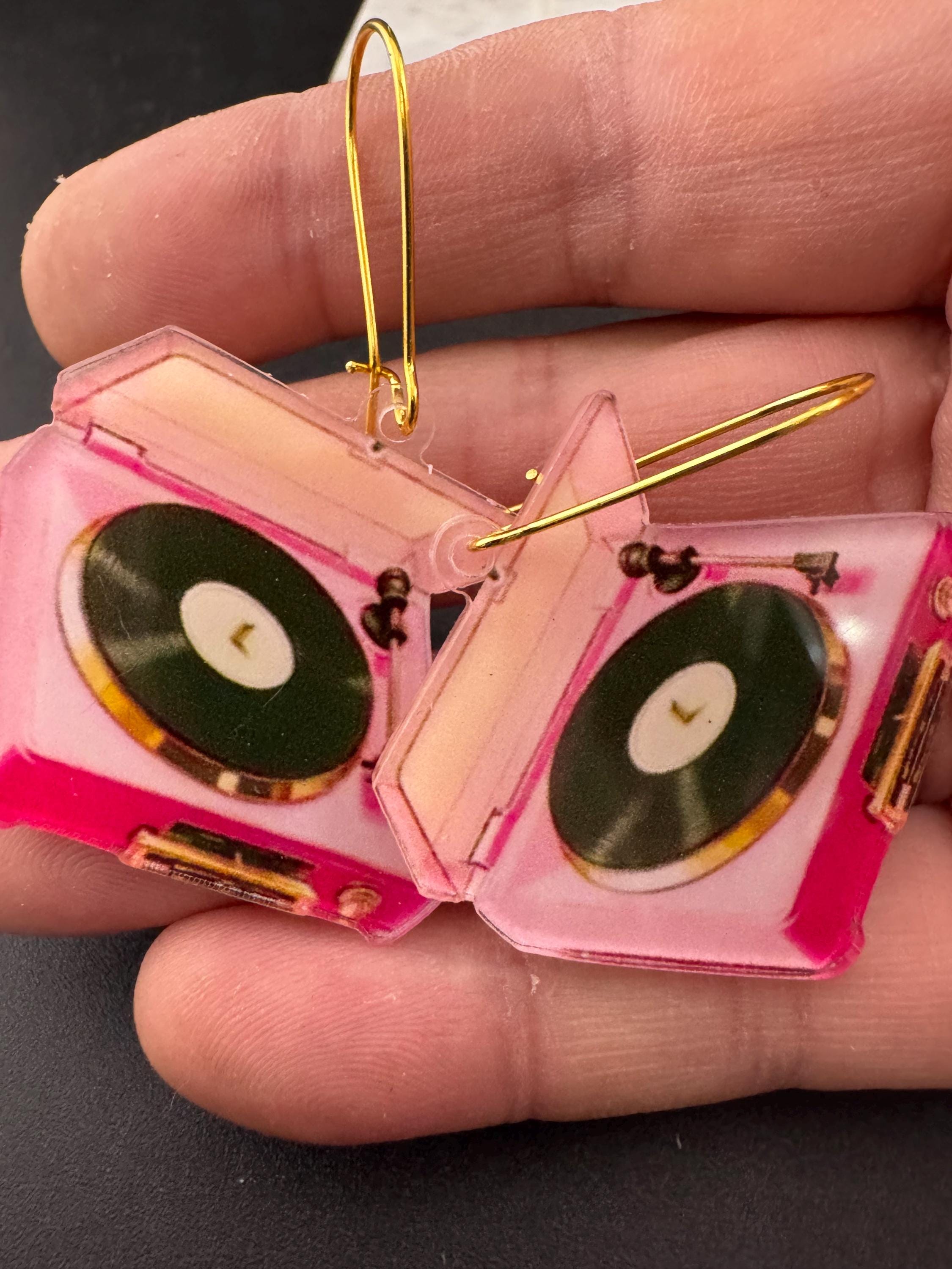 handmade novelty pink decks , record player charm earrings on gold tone kidney earwires