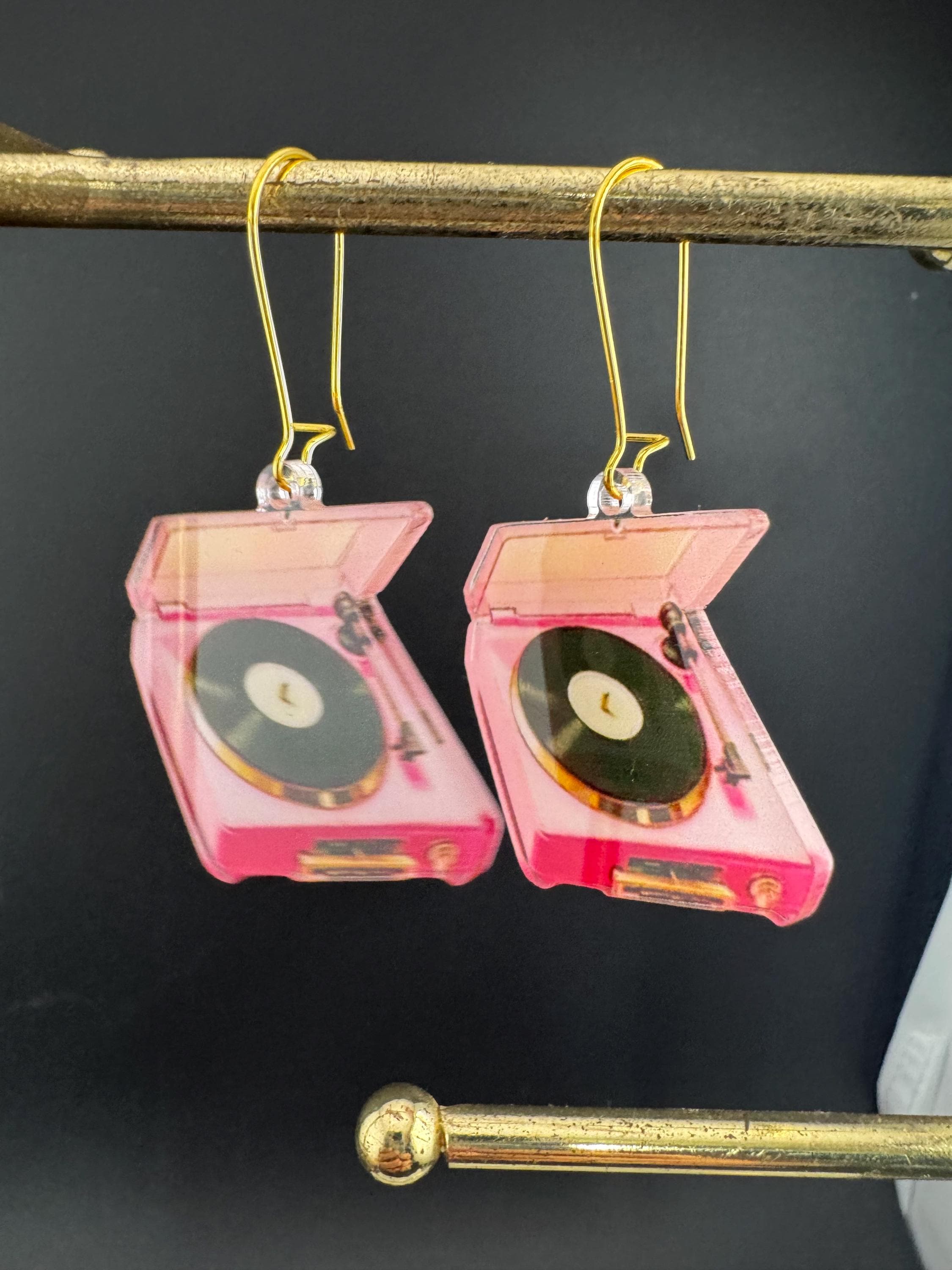 handmade novelty pink decks , record player charm earrings on gold tone kidney earwires