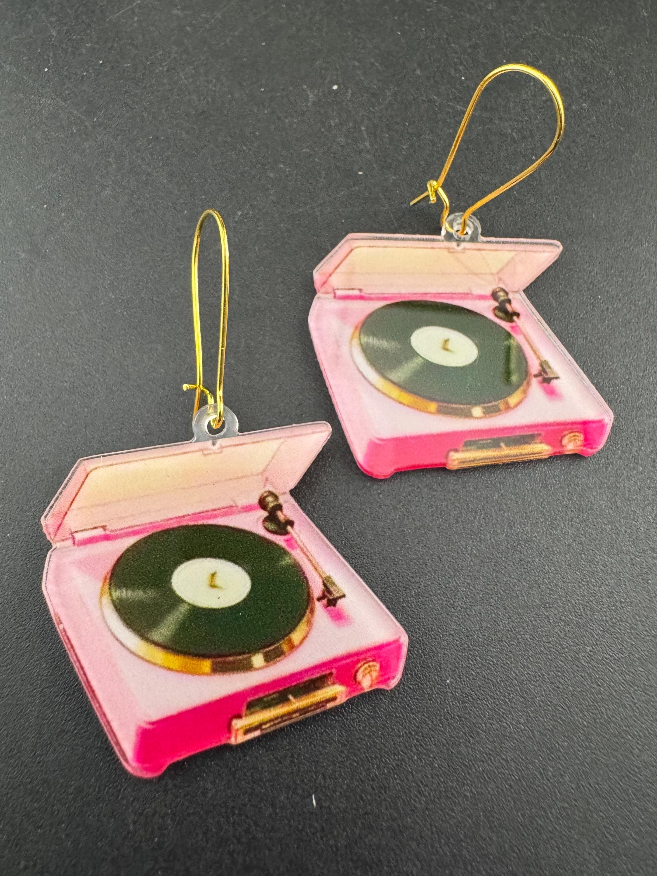 handmade novelty pink decks , record player charm earrings on gold tone kidney earwires