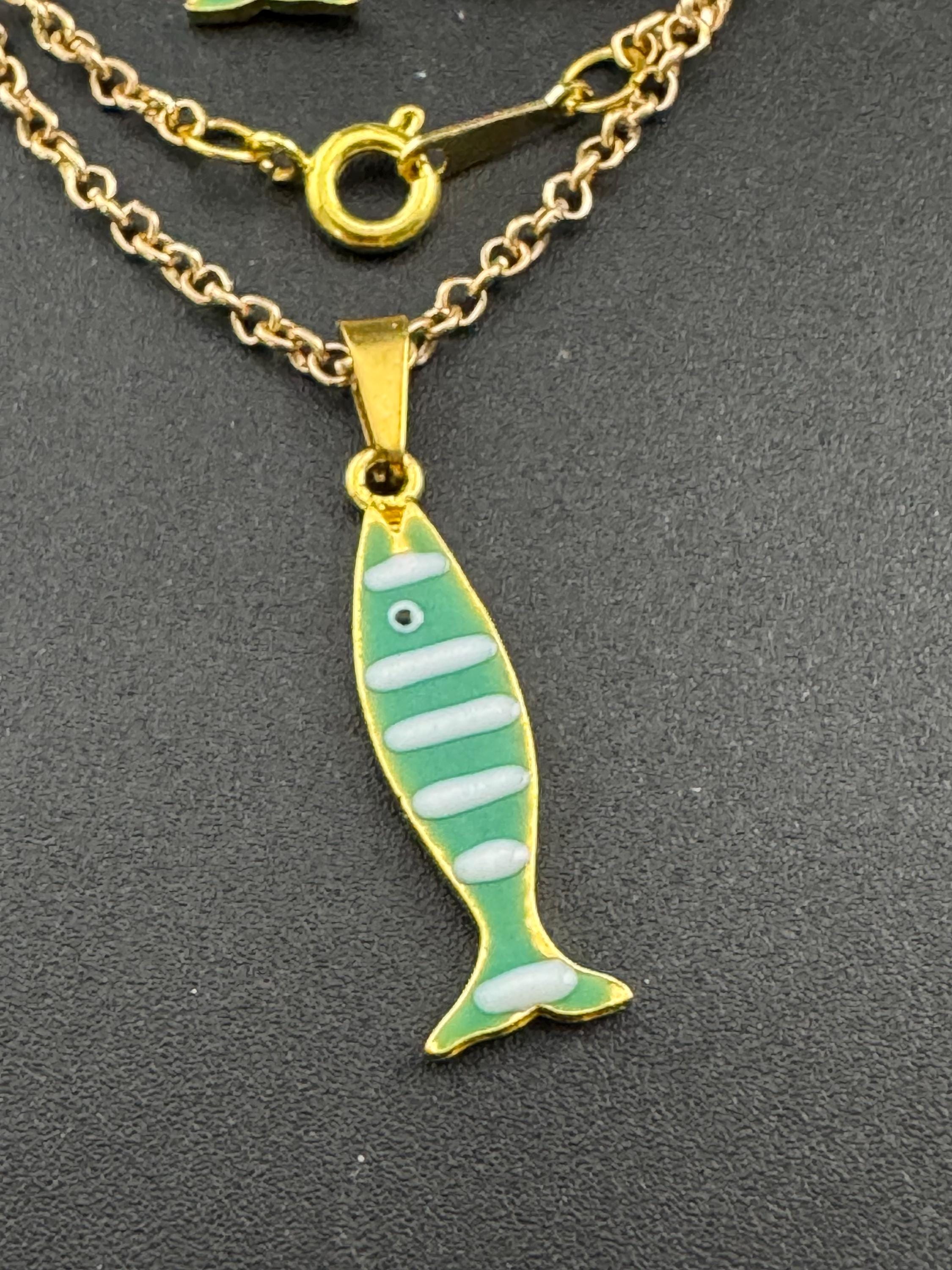 Enamel Sardine Fish Earrings & Pendant Set: Nautical Gold Chain Jewelry