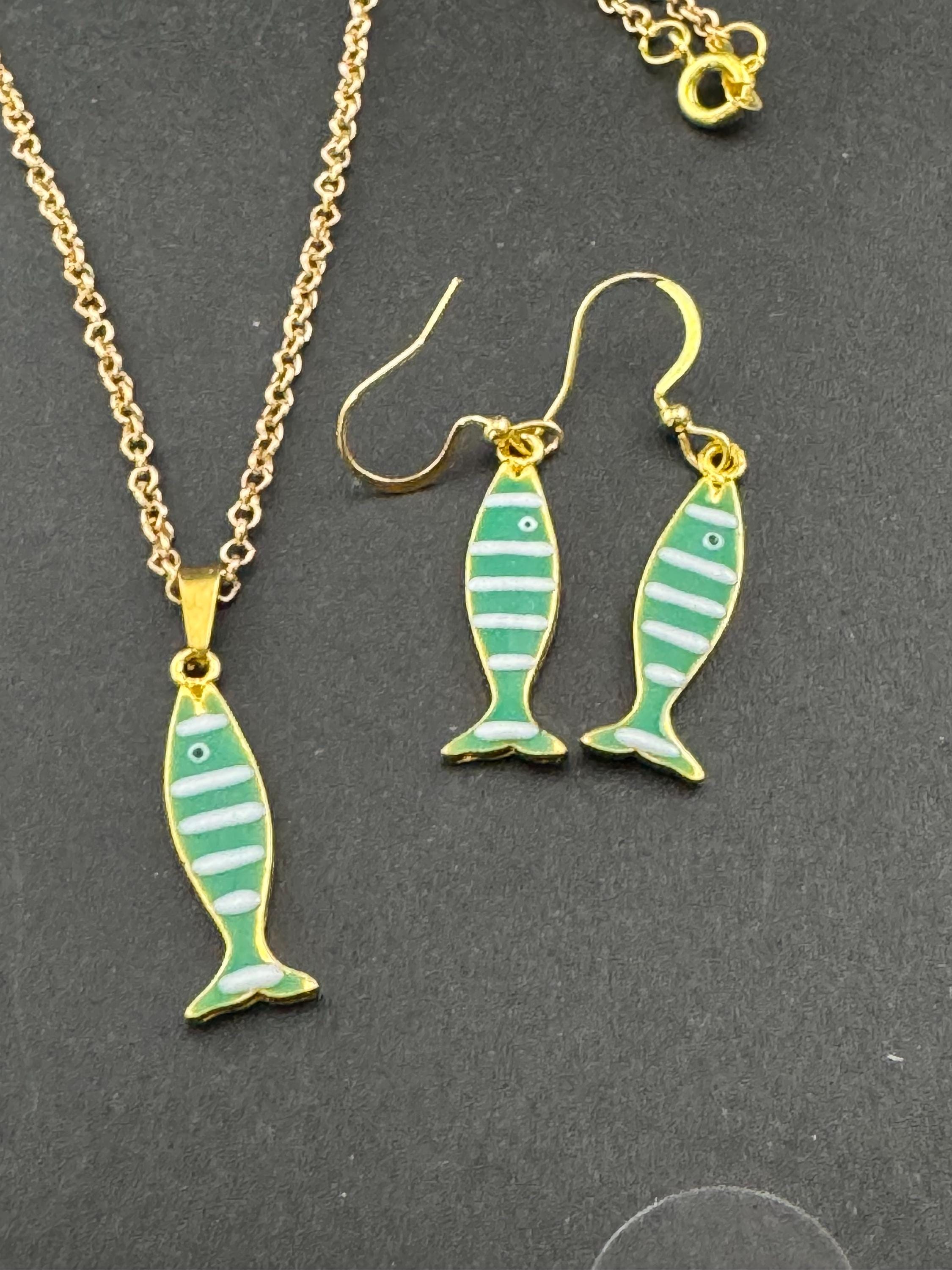 Enamel Sardine Fish Earrings & Pendant Set: Nautical Gold Chain Jewelry