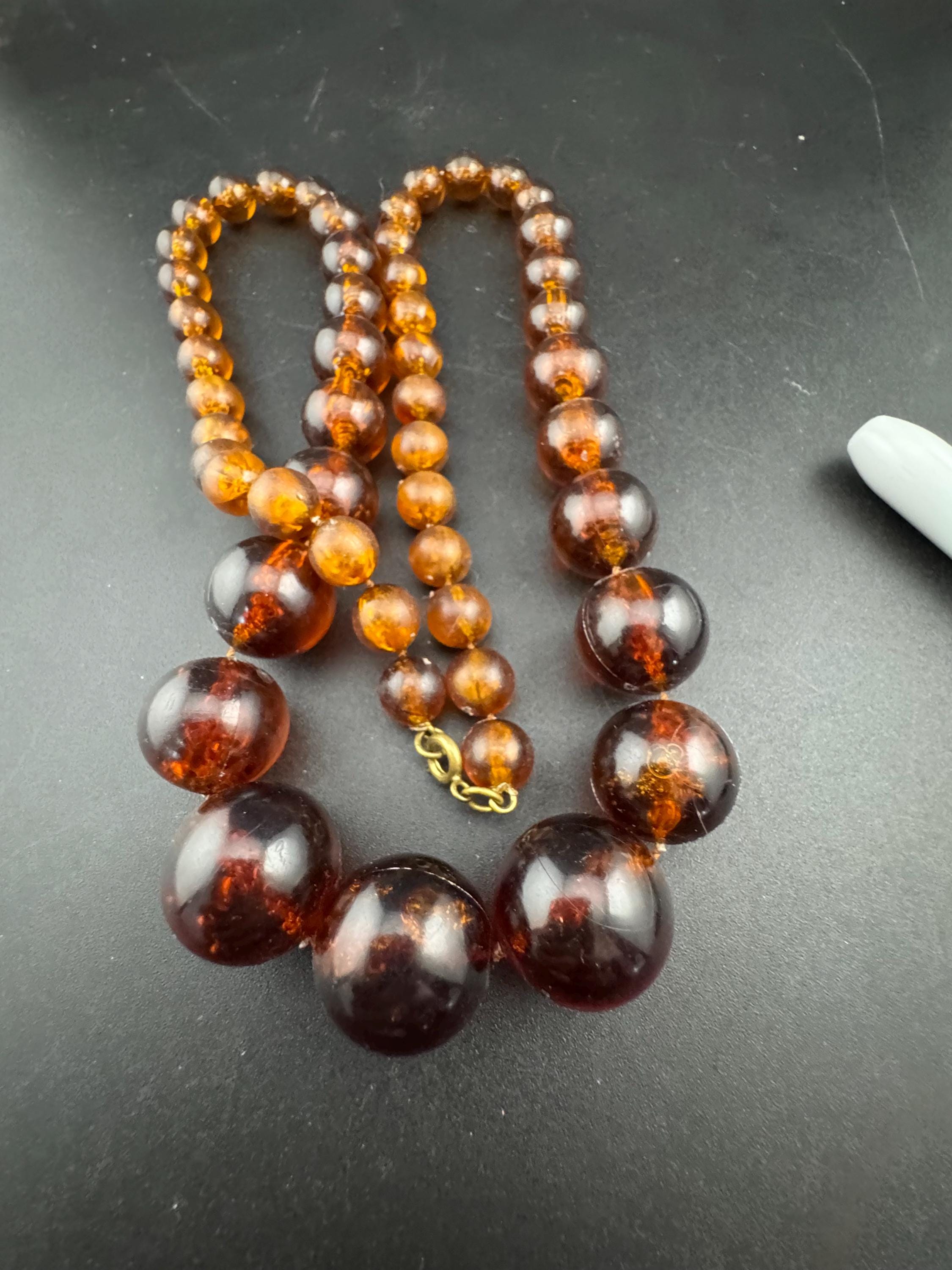 Vintage plastic beaded round necklace brown faux tortoiseshell tones