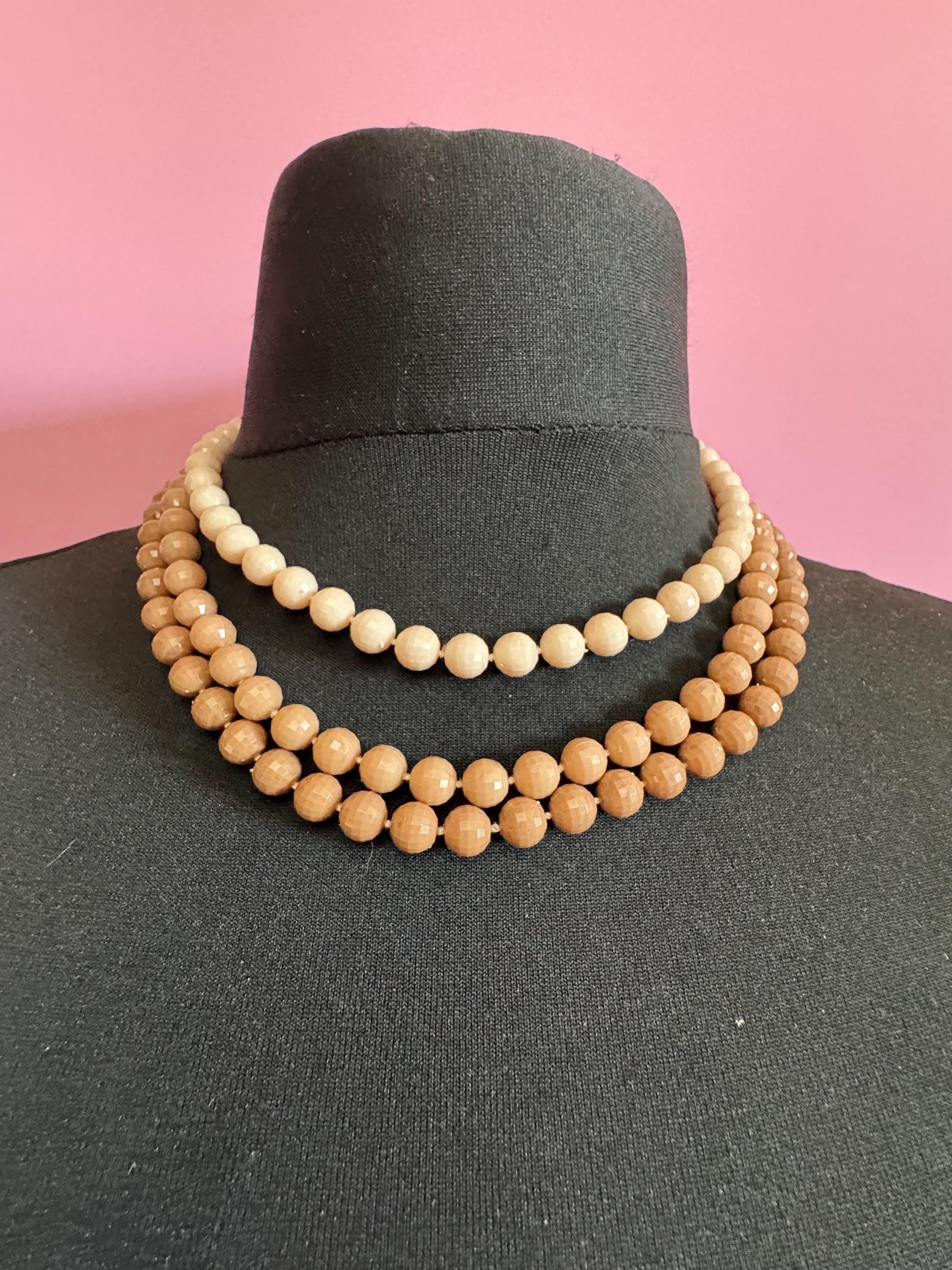 As found Vintage 1960s 3 strand row brown cream plastic beaded wide choker collar necklace