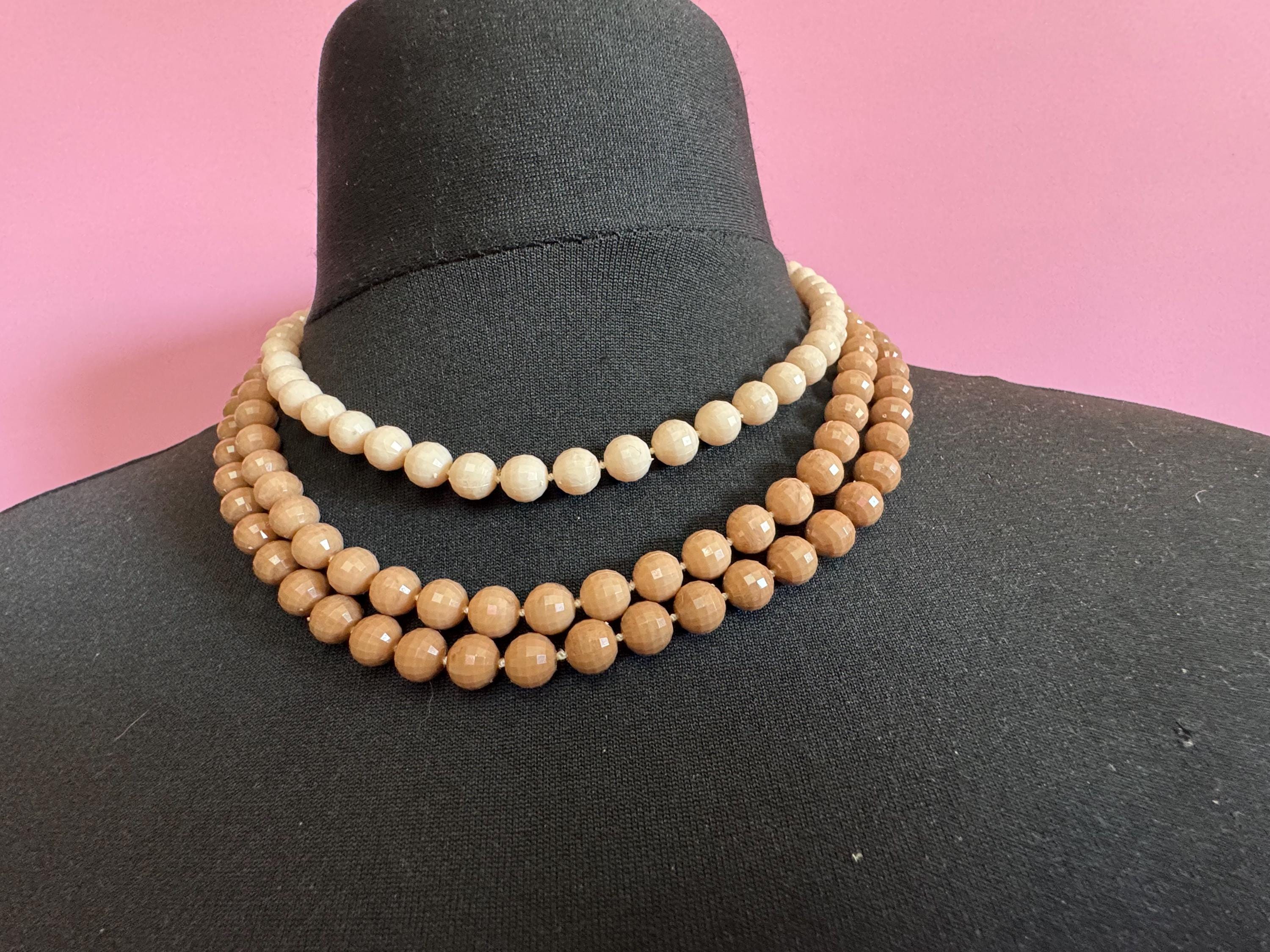 As found Vintage 1960s 3 strand row brown cream plastic beaded wide choker collar necklace