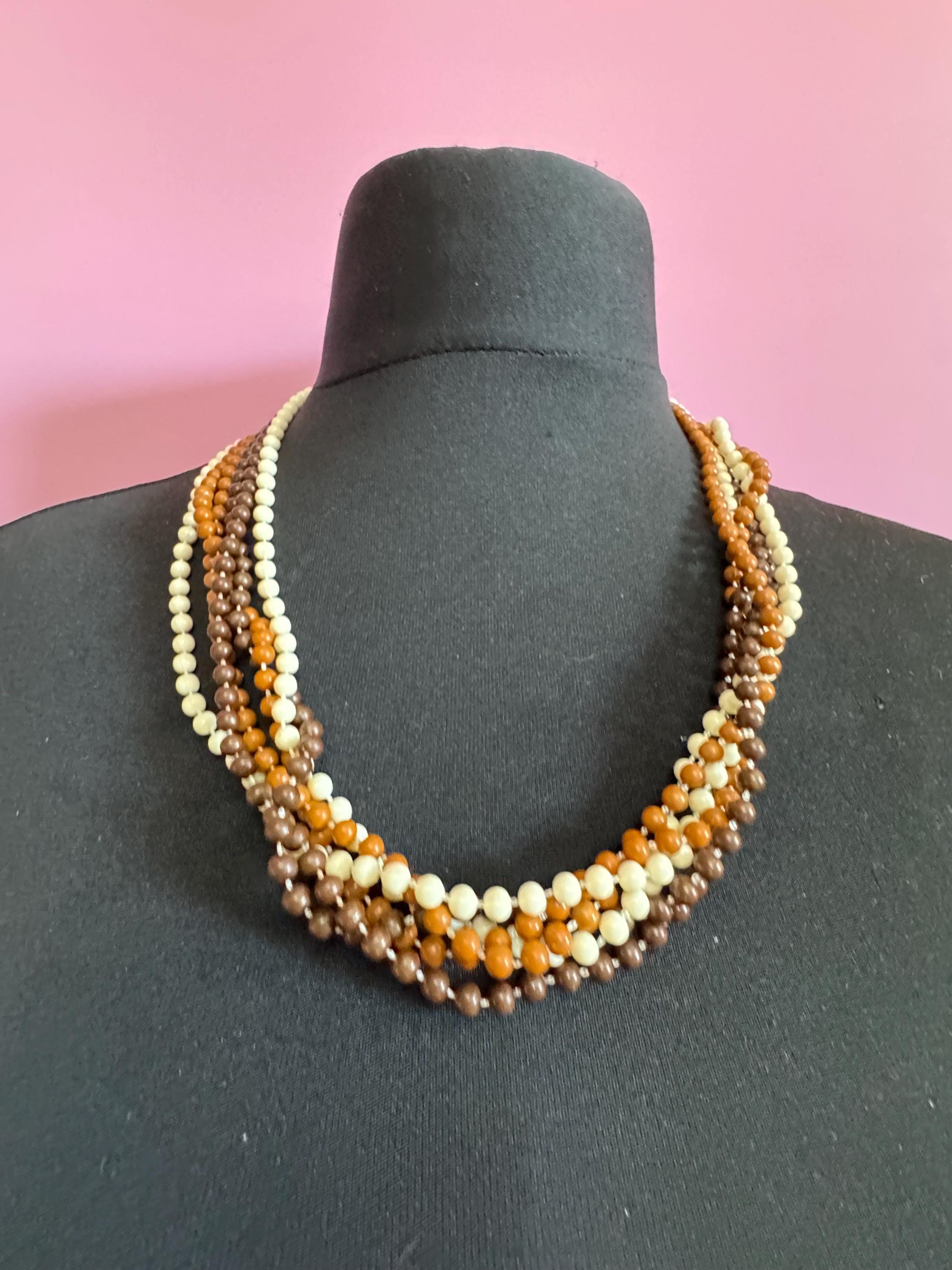 Vintage 1960s 6 strand brown cream plastic beaded twisted wide choker collar necklace