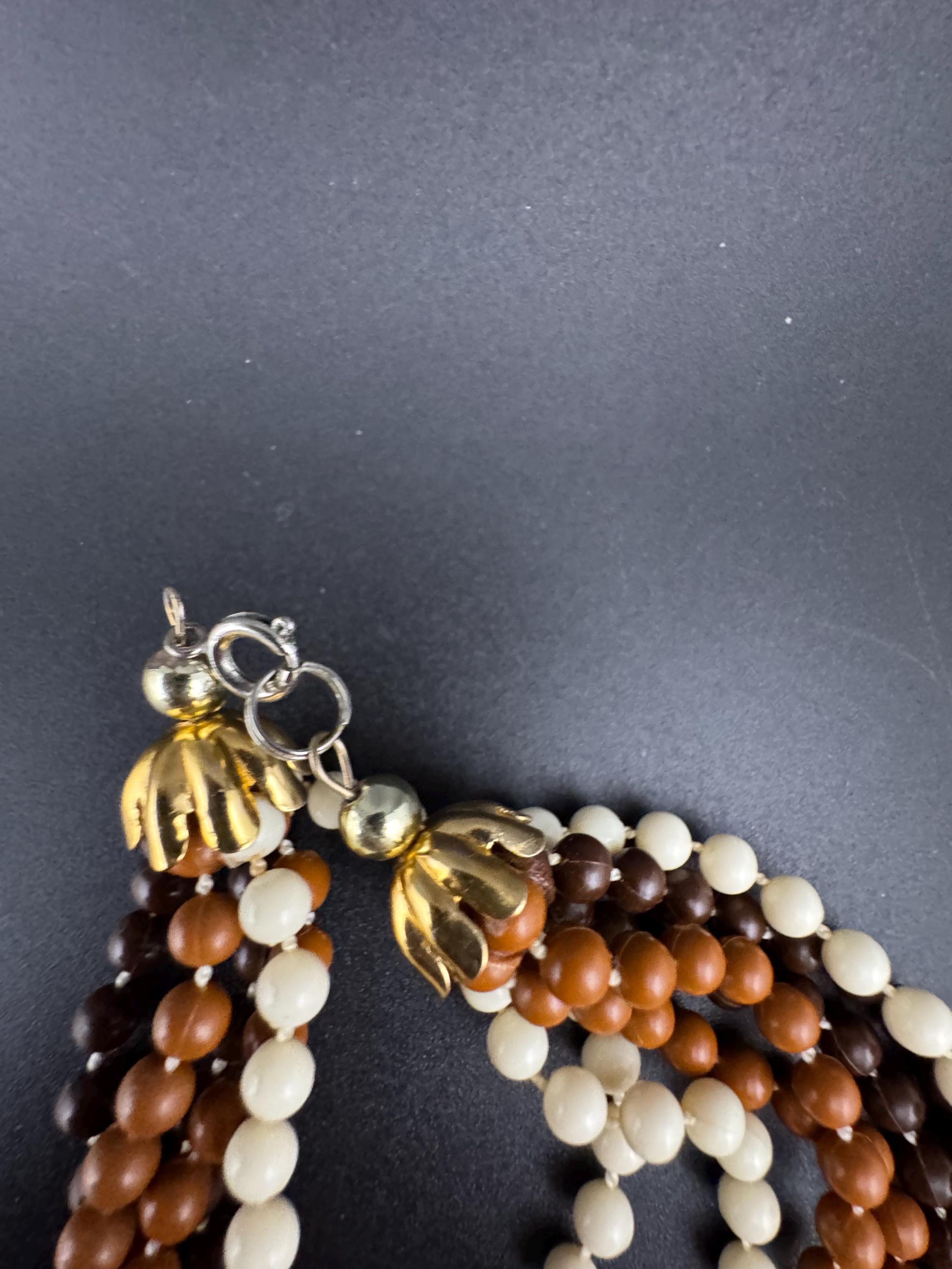 Vintage 1960s 6 strand brown cream plastic beaded twisted wide choker collar necklace