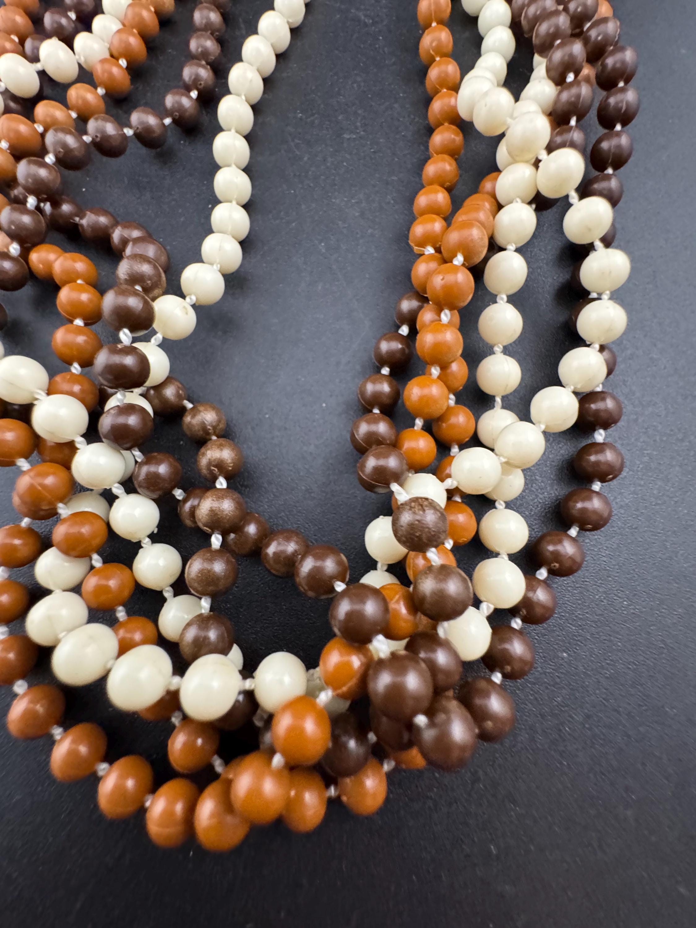 Vintage 1960s 6 strand brown cream plastic beaded twisted wide choker collar necklace