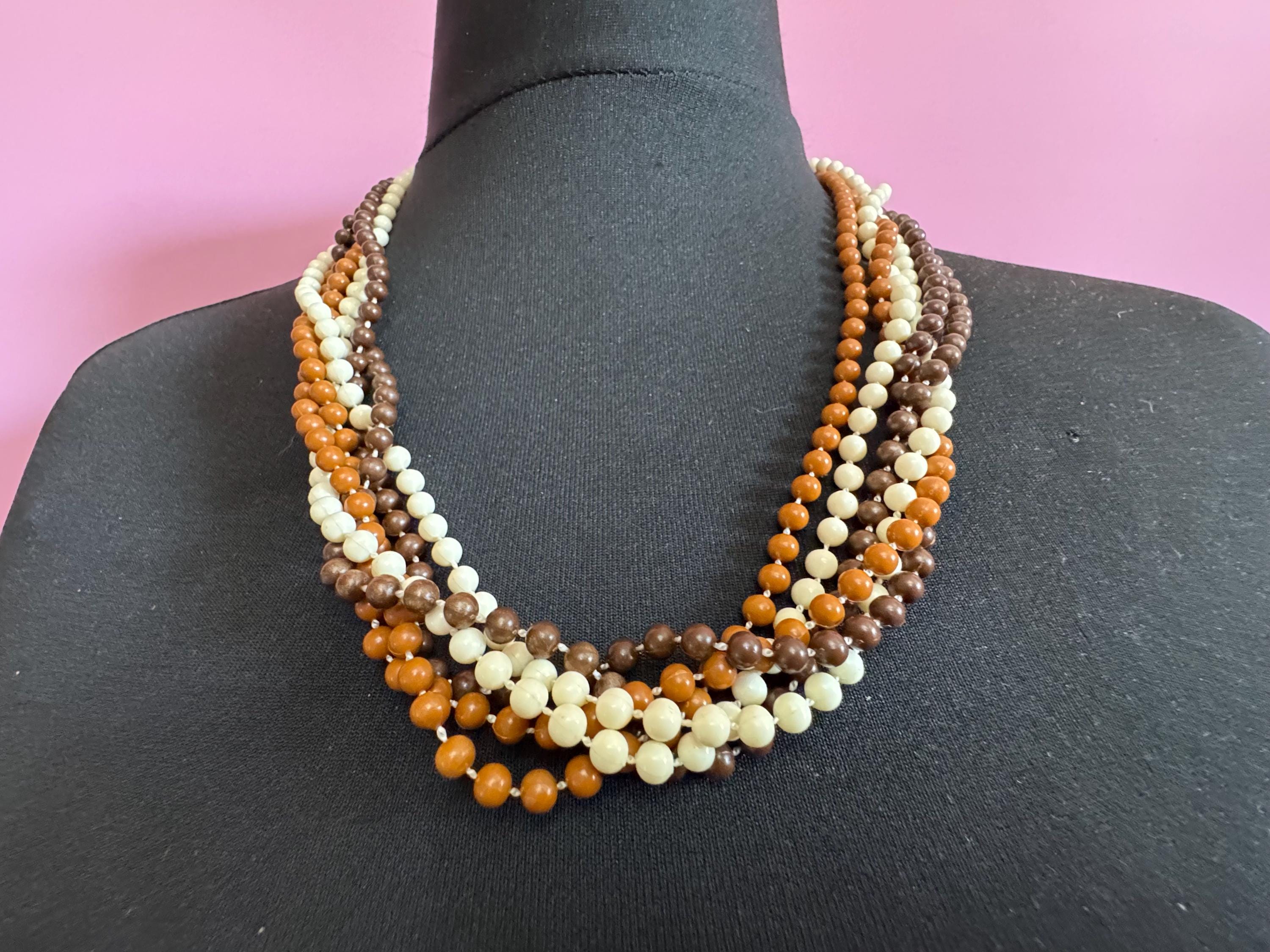 Vintage 1960s 6 strand brown cream plastic beaded twisted wide choker collar necklace