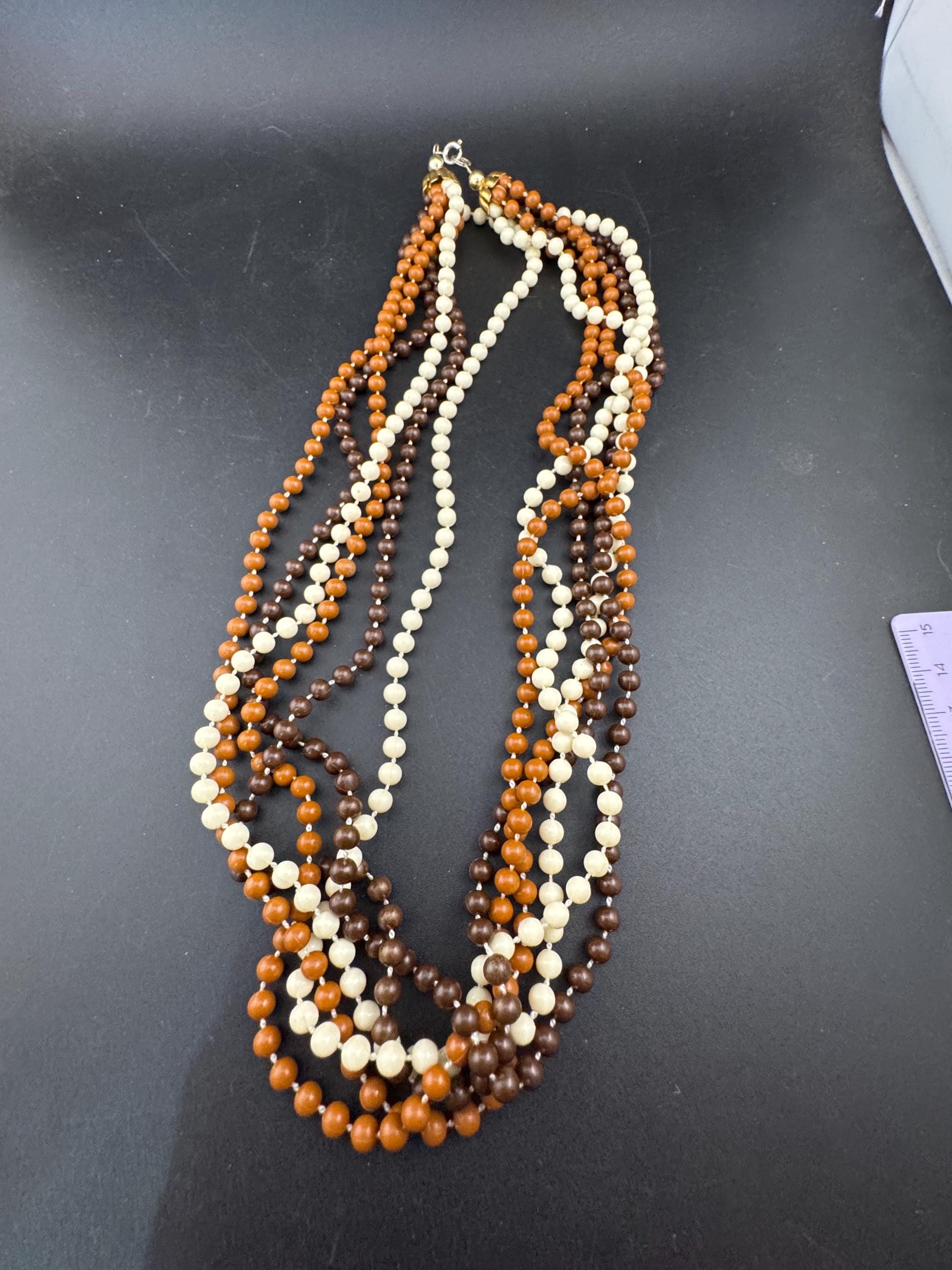 Vintage 1960s 6 strand brown cream plastic beaded twisted wide choker collar necklace