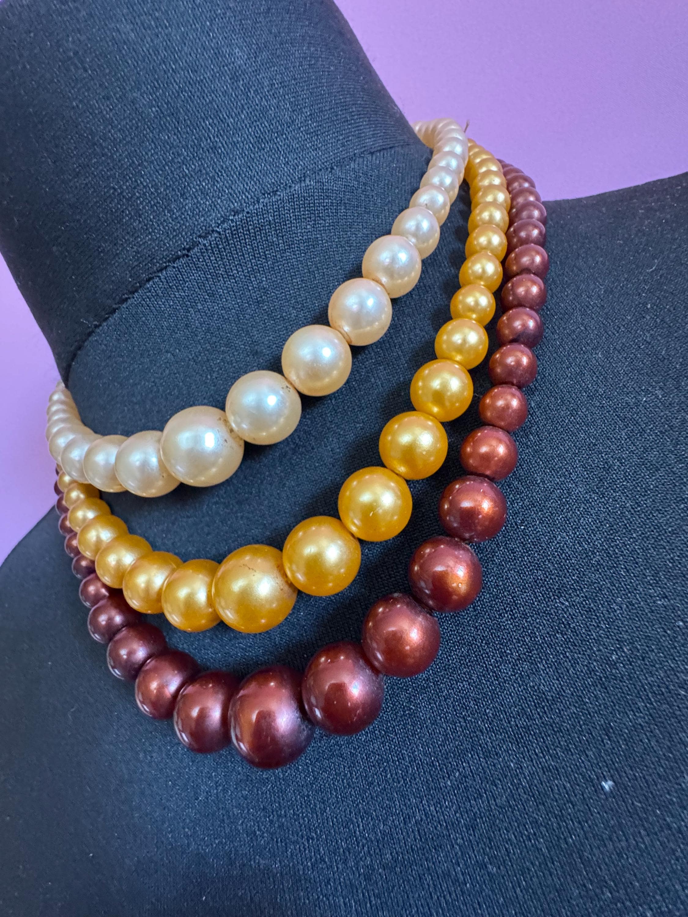 Vintage 1960s 3 row brown orange cream ombre plastic pearl beaded wide choker collar bib waterfall necklace