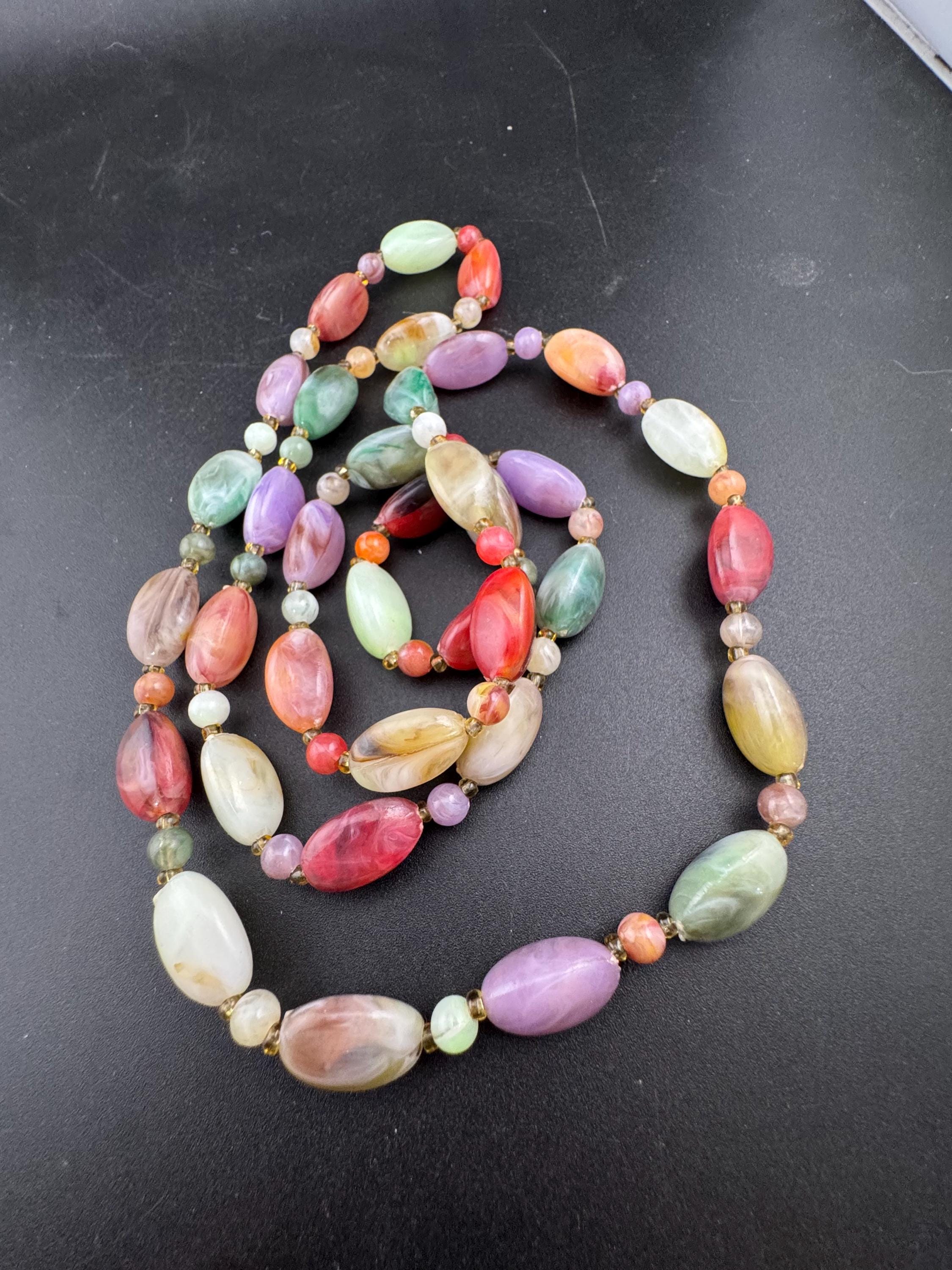 Vintage green purple white and orange plastic pebble beaded necklace 92cm long