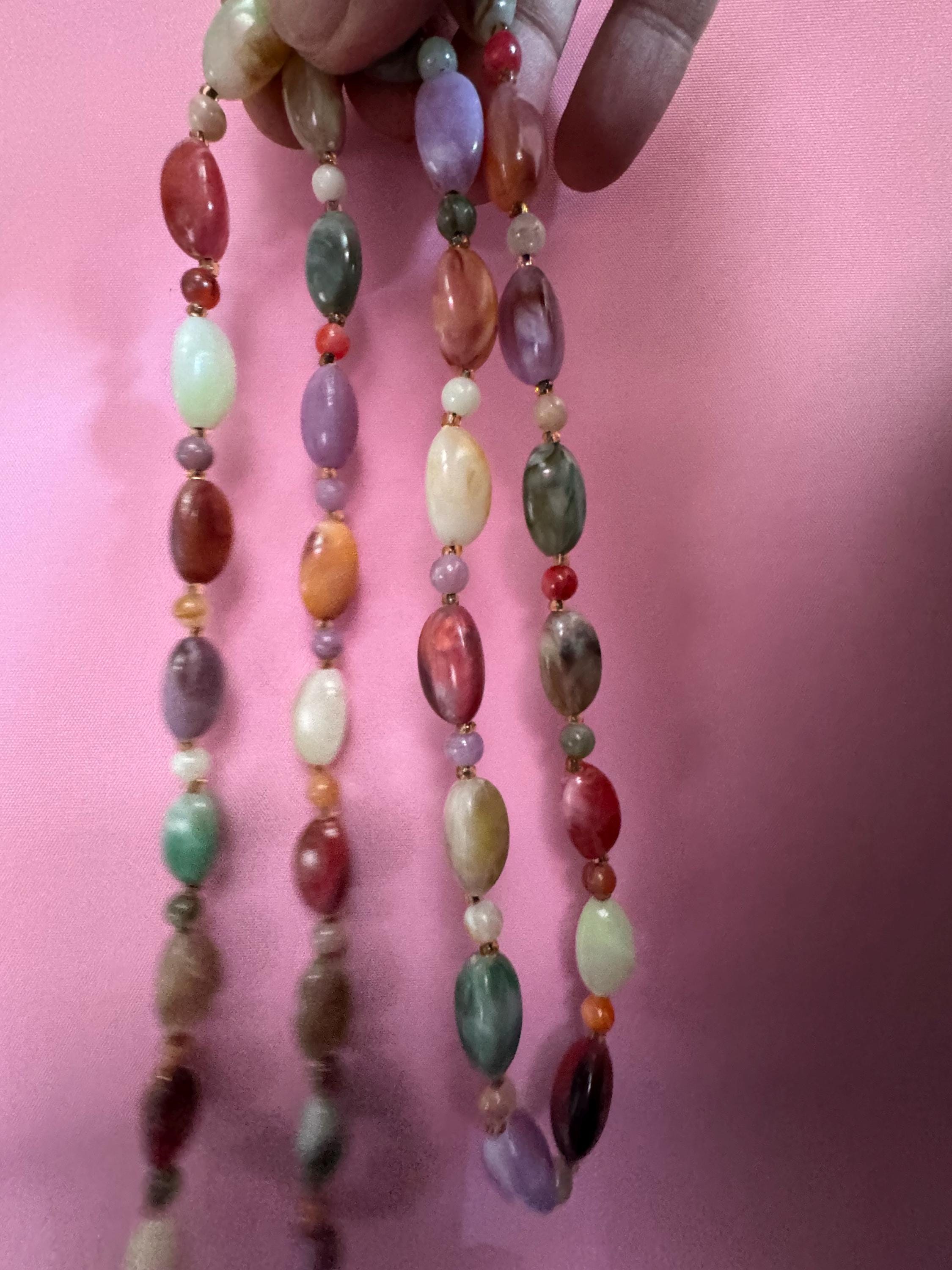 Vintage green purple white and orange plastic pebble beaded necklace 92cm long