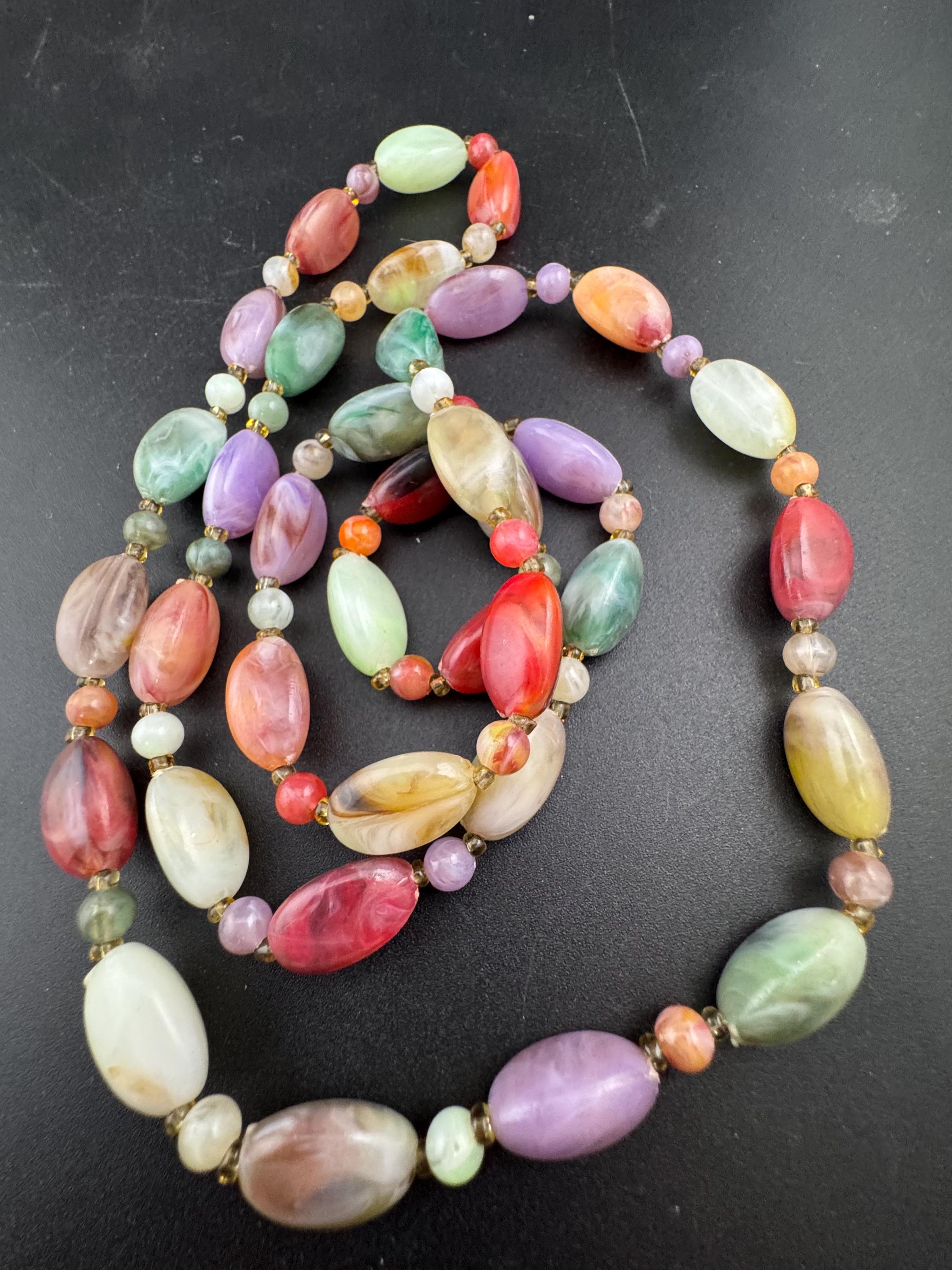 Vintage green purple white and orange plastic pebble beaded necklace 92cm long