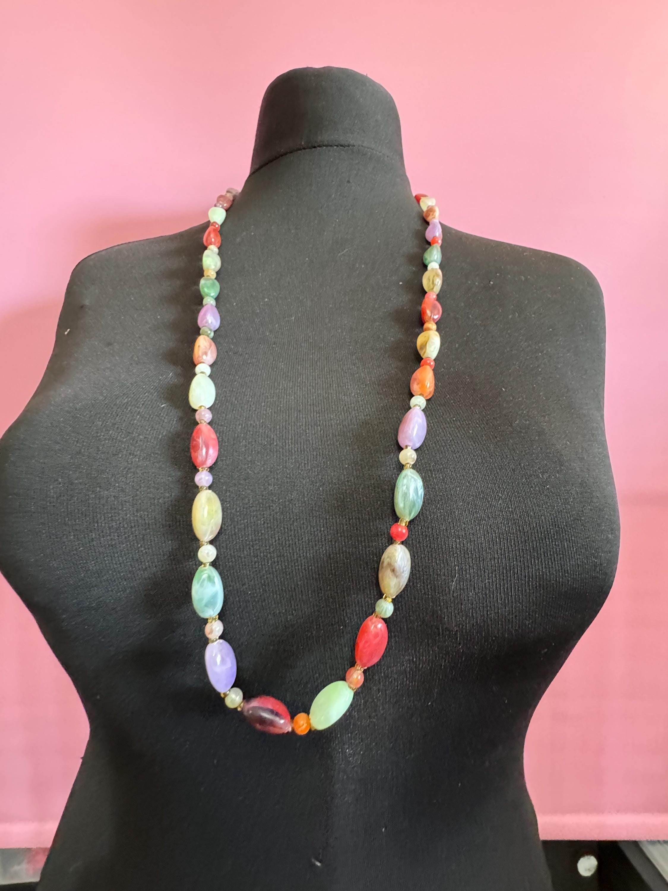 Vintage green purple white and orange plastic pebble beaded necklace 92cm long
