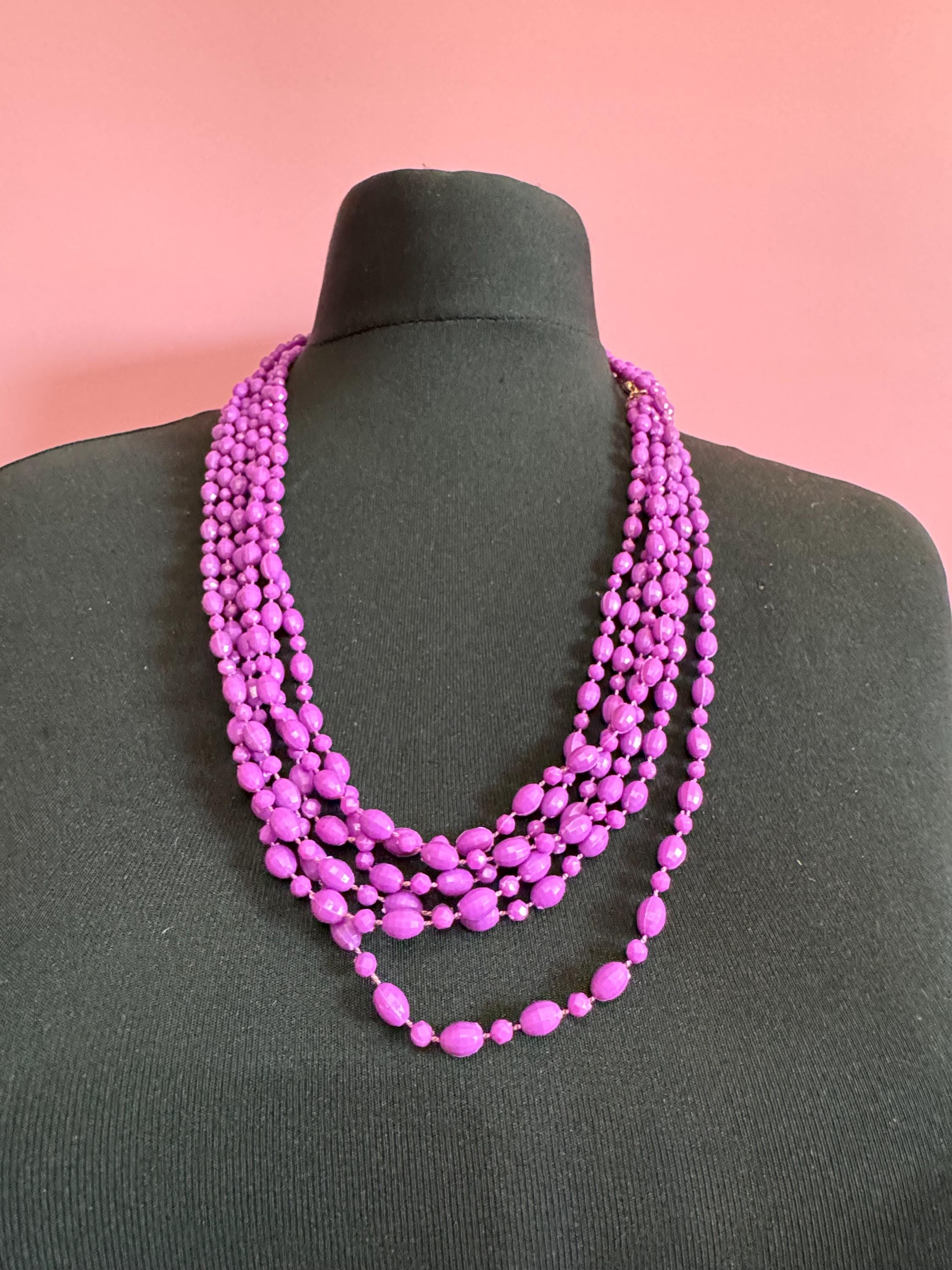 Vintage bright purple plastic beaded nultistrand wrap necklace 140
