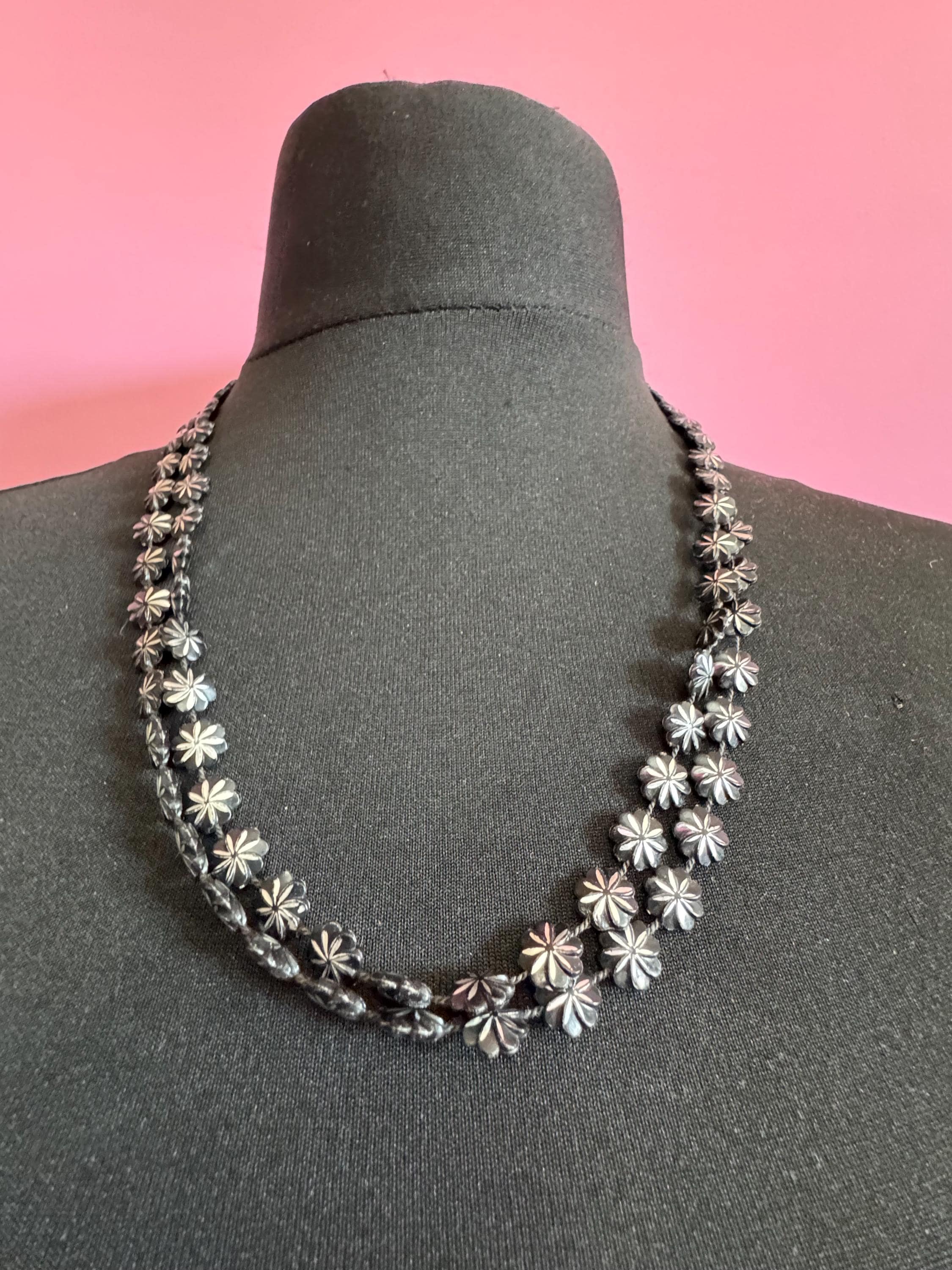 Vintage early plastic black and silver fixed beaded flapper wrap necklace 120cm