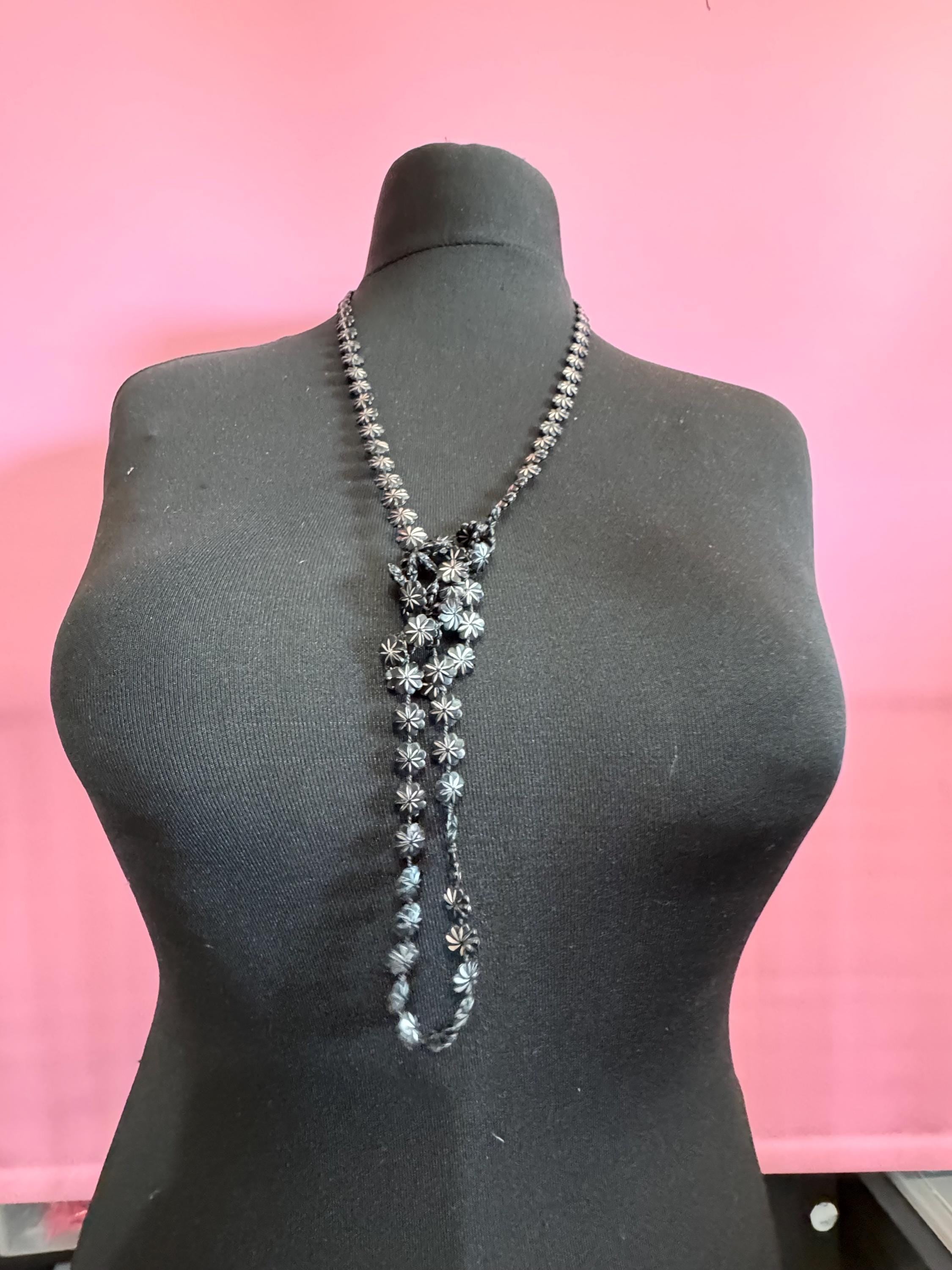 Vintage early plastic black and silver fixed beaded flapper wrap necklace 120cm
