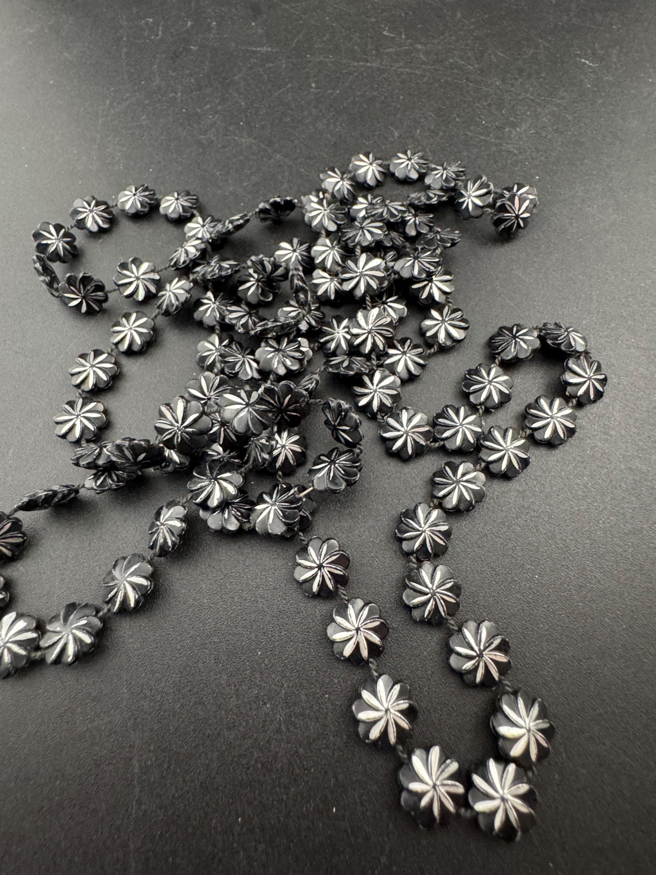 Vintage early plastic black and silver fixed beaded flapper wrap necklace 120cm