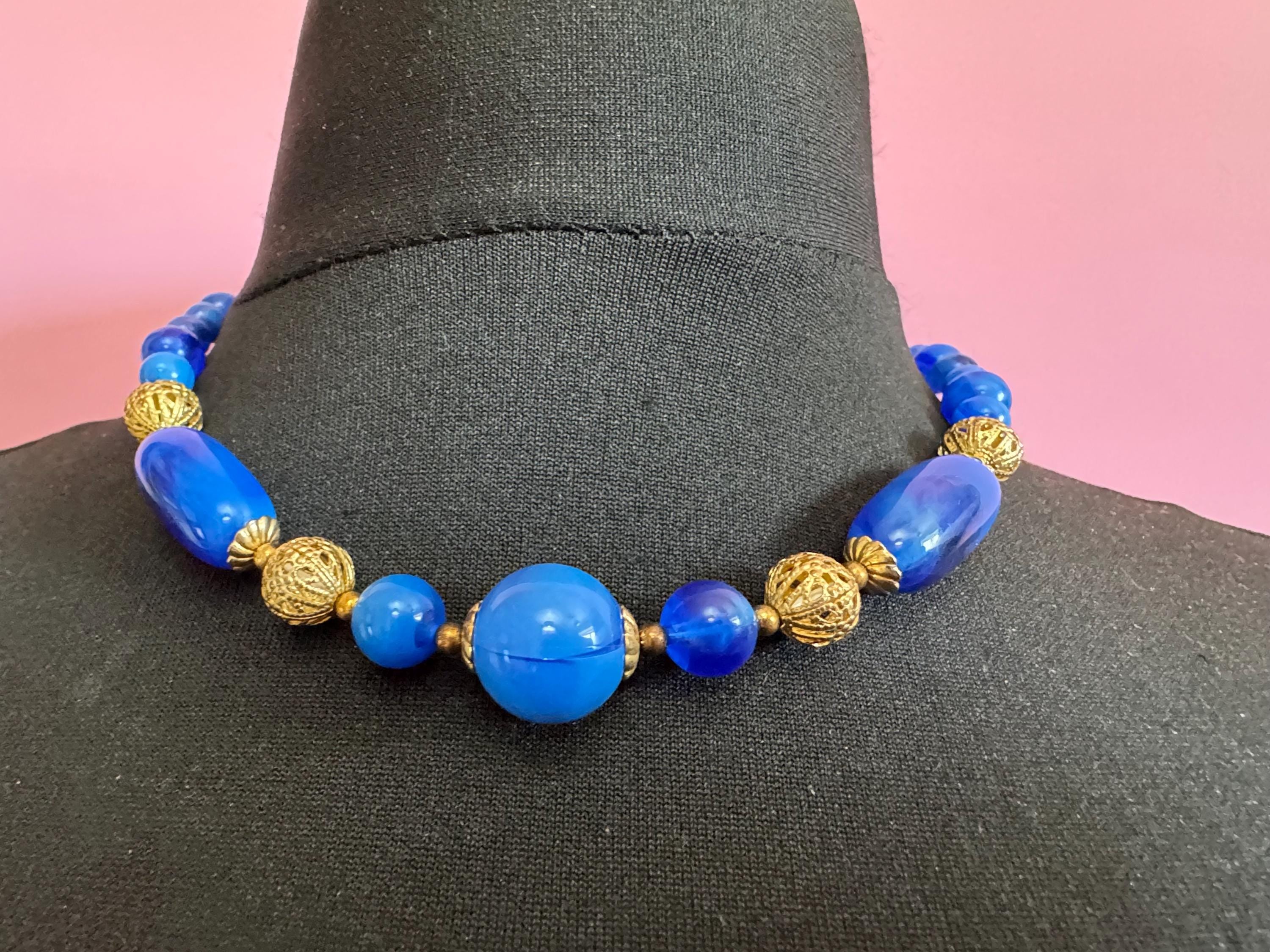Retro 1980s vintage 47cm bright blue and gold plastic beaded necklace