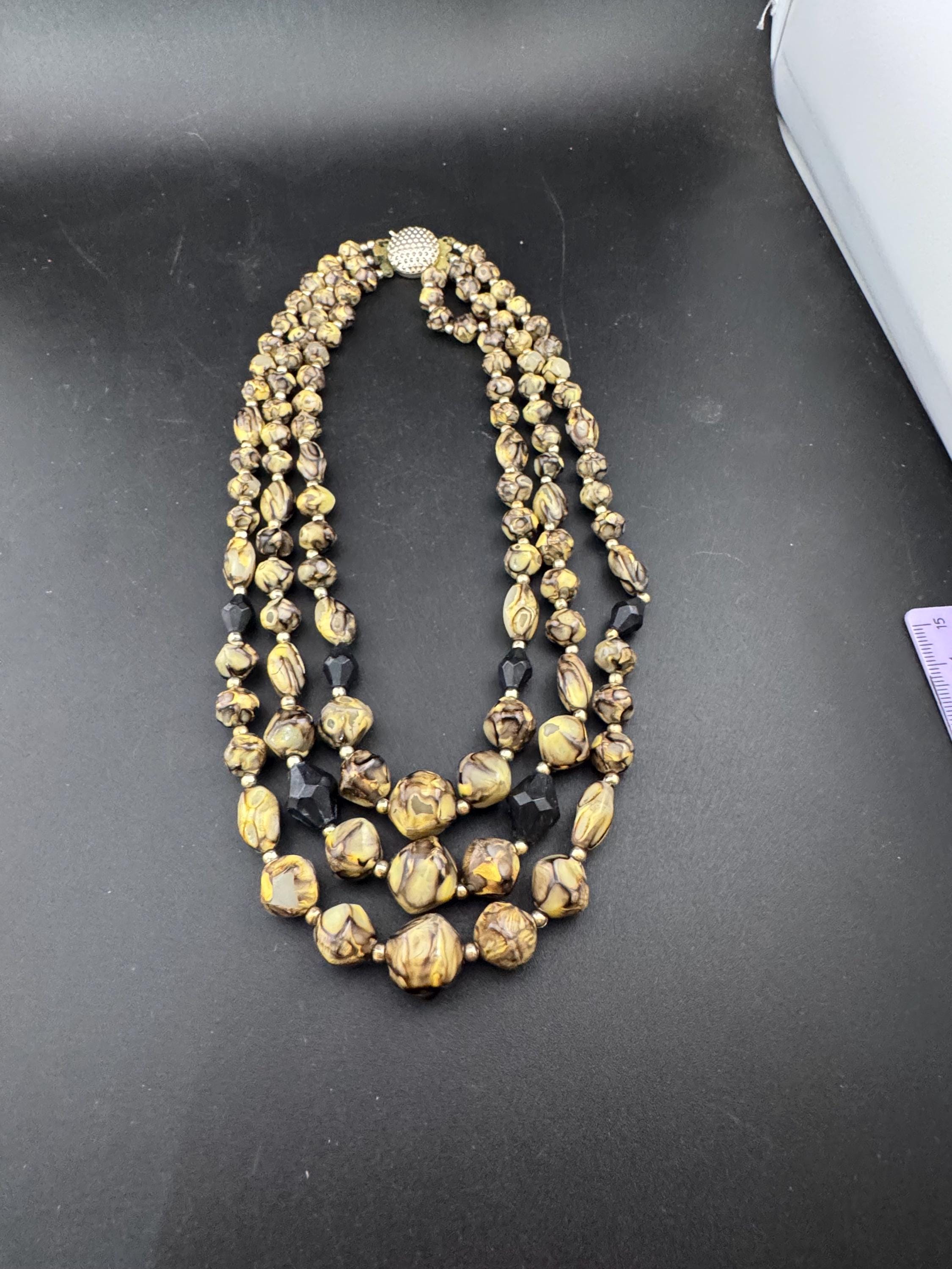 Vintage Hong Kong 3 triple strand row khaki green cream beaded Multistrand choker necklace