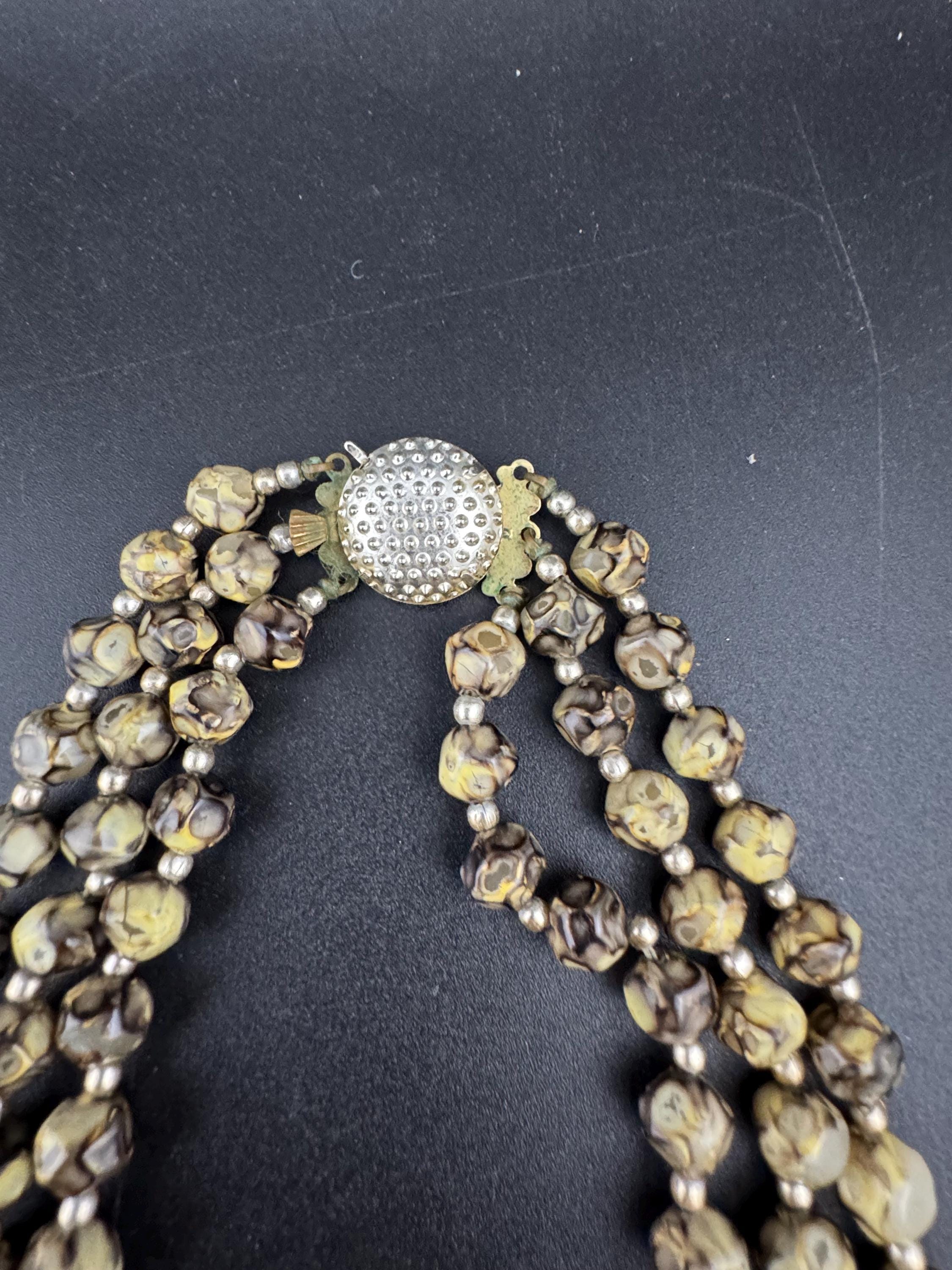 Vintage Hong Kong 3 triple strand row khaki green cream beaded Multistrand choker necklace