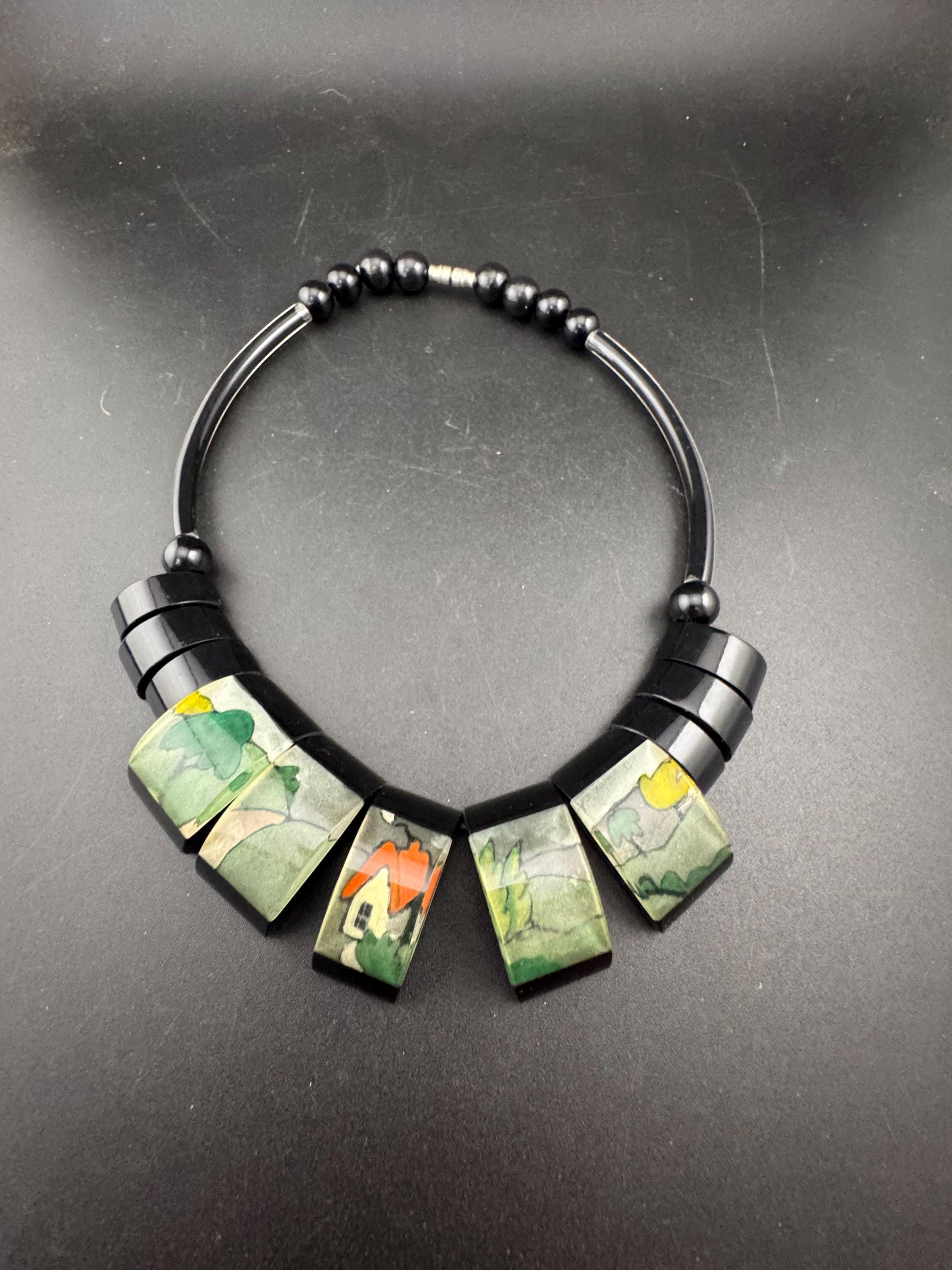 Vintage early plastic beaded black scenic cottage countryside panel necklace, Clarice cliff meets Lee sands