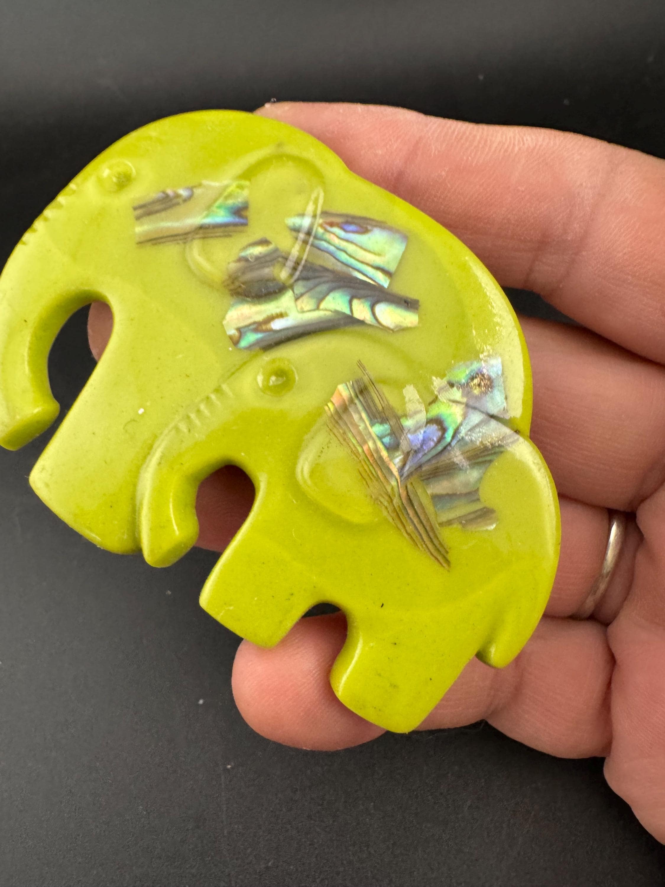 big lime green elephant and baby brooch inset with abalone shell, early plastic 1960s