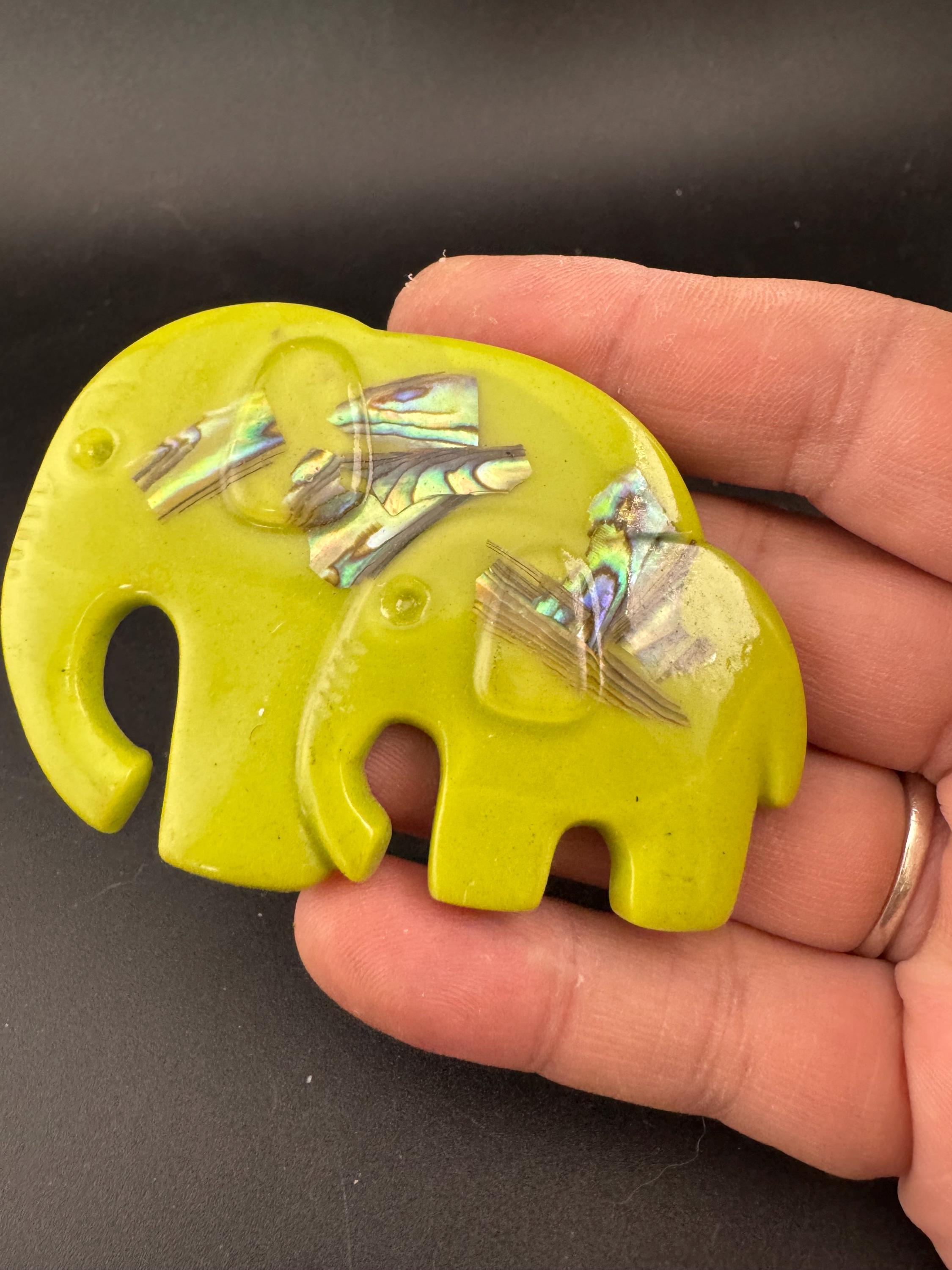 big lime green elephant and baby brooch inset with abalone shell, early plastic 1960s