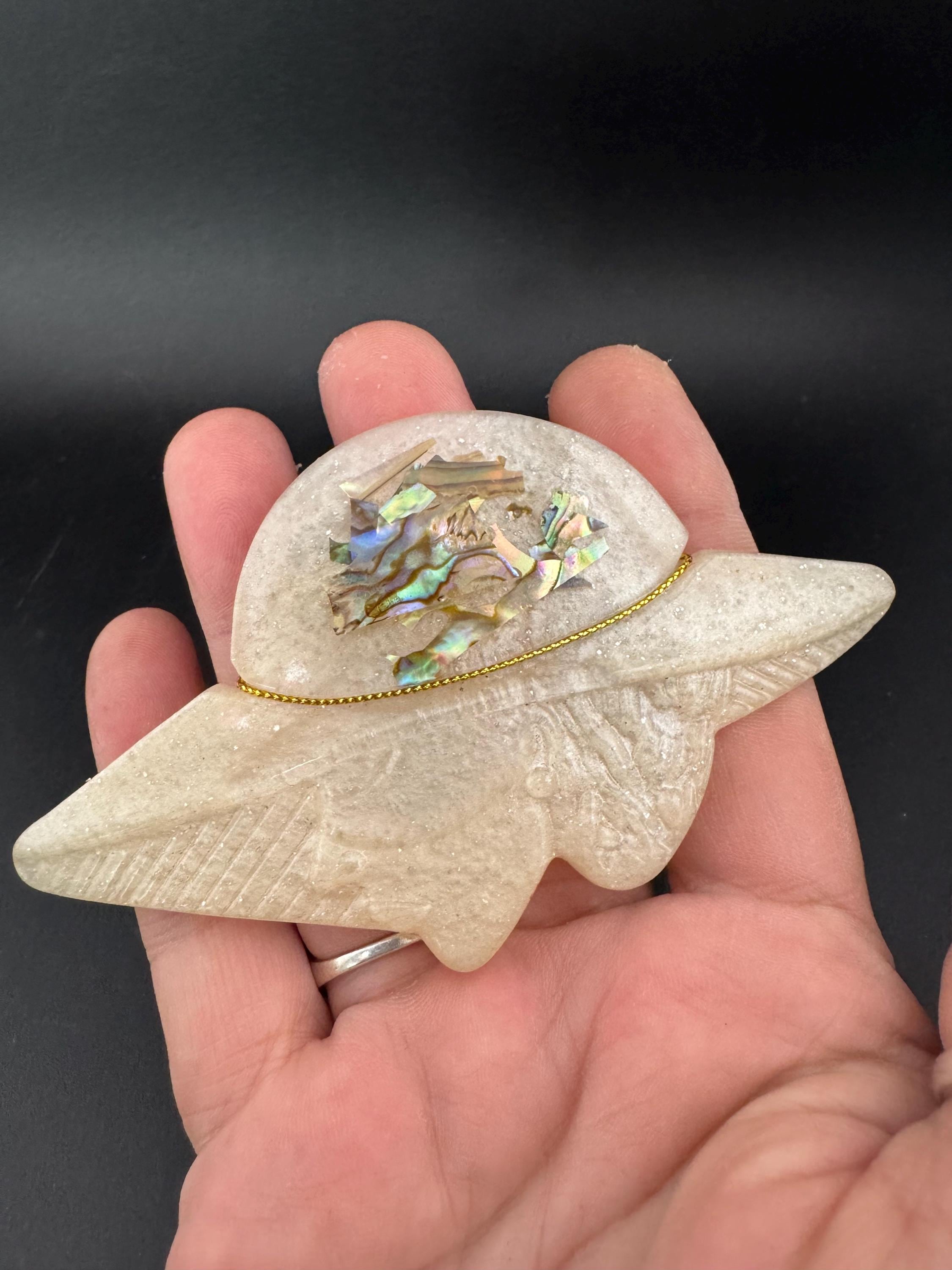 Oversized vintage lady in wide brimmed hat pearly lucite cream brooch inset with abalone shell, early plastic 1960s