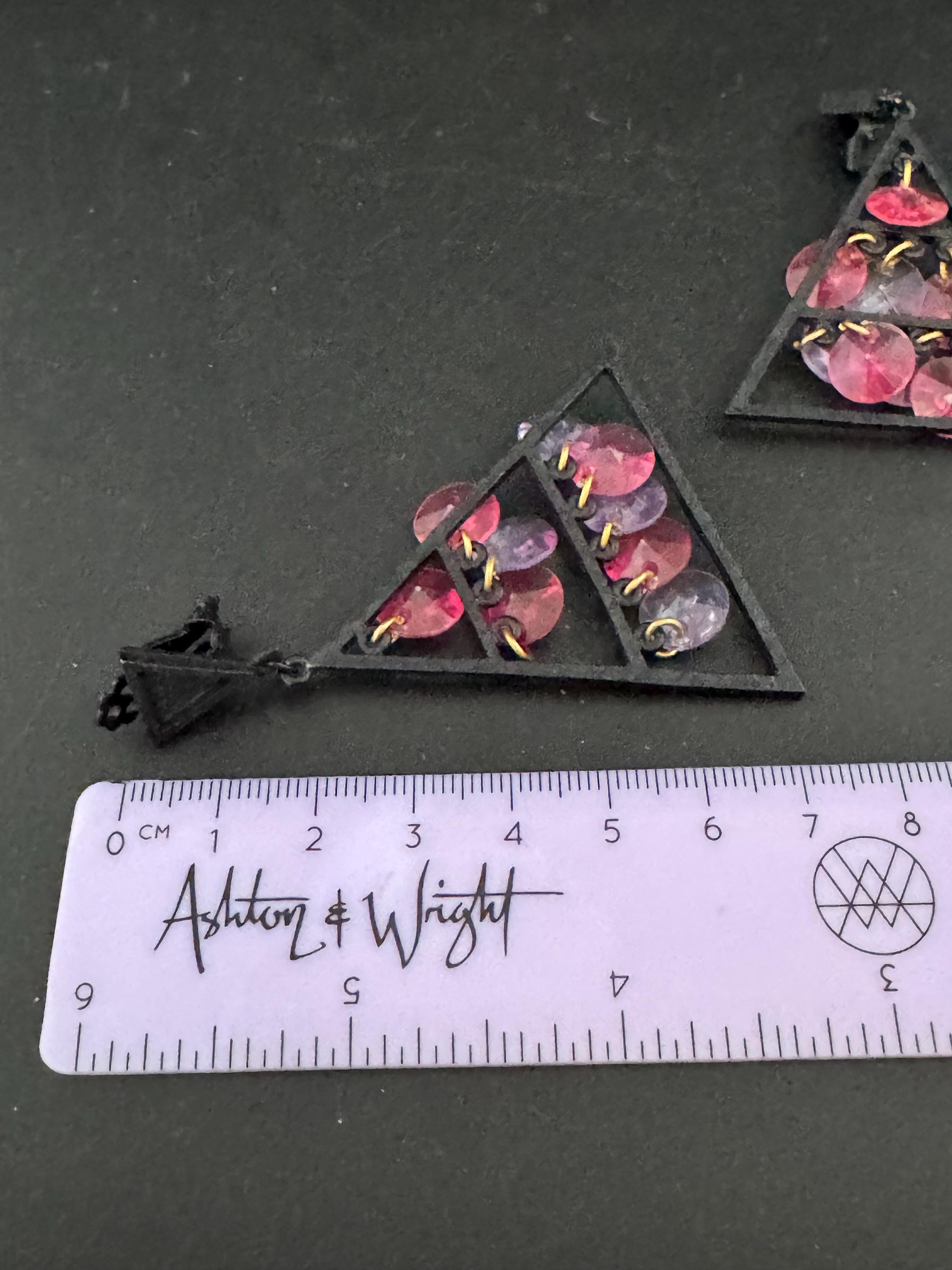 Vintage black plastic triangular pink and purple beaded dangly clip on earrings 7cm