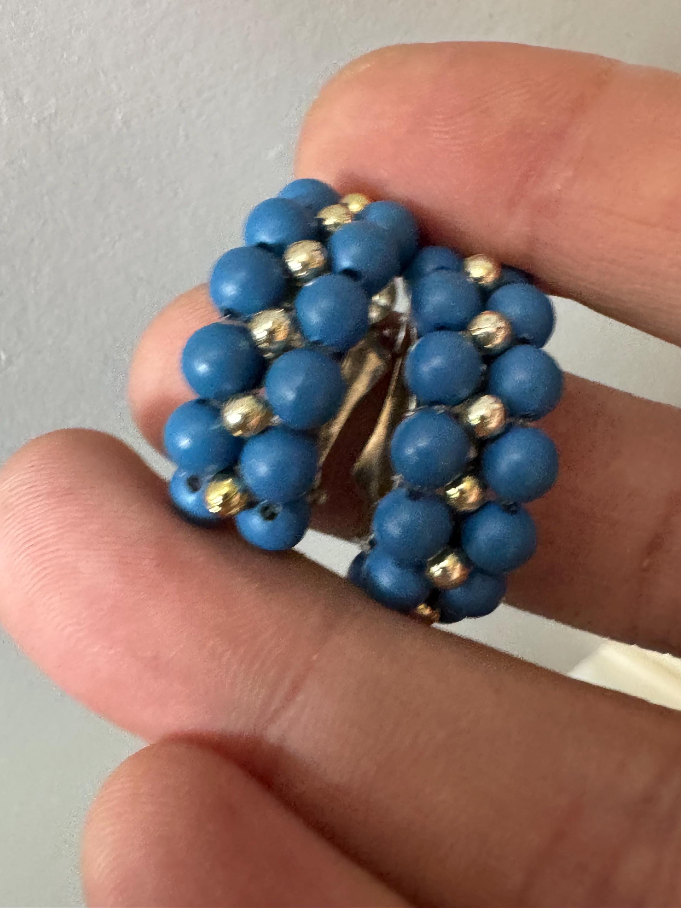 Vintage half hoop gold tone blue  beaded clip on earrings