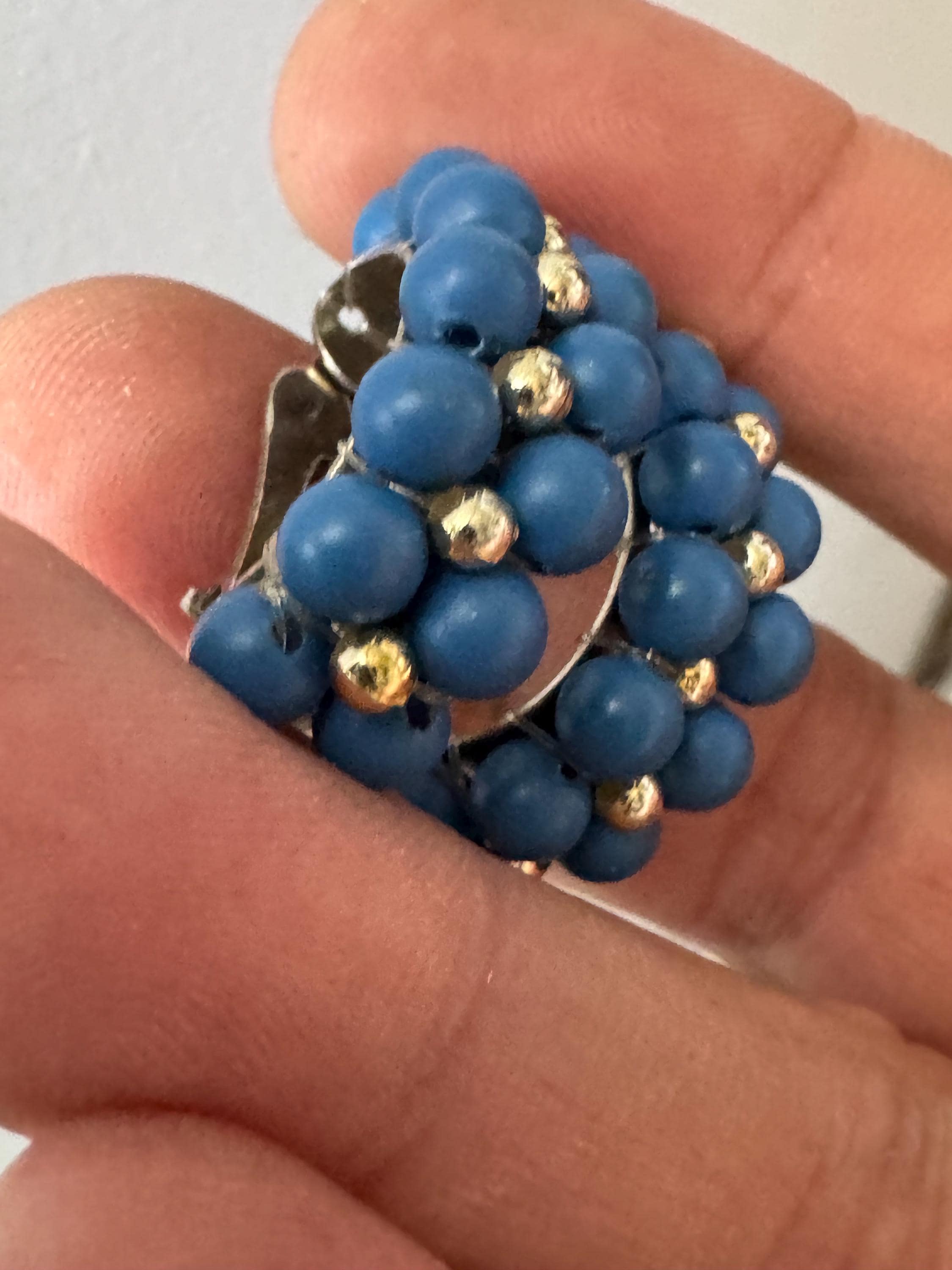 Vintage half hoop gold tone blue  beaded clip on earrings