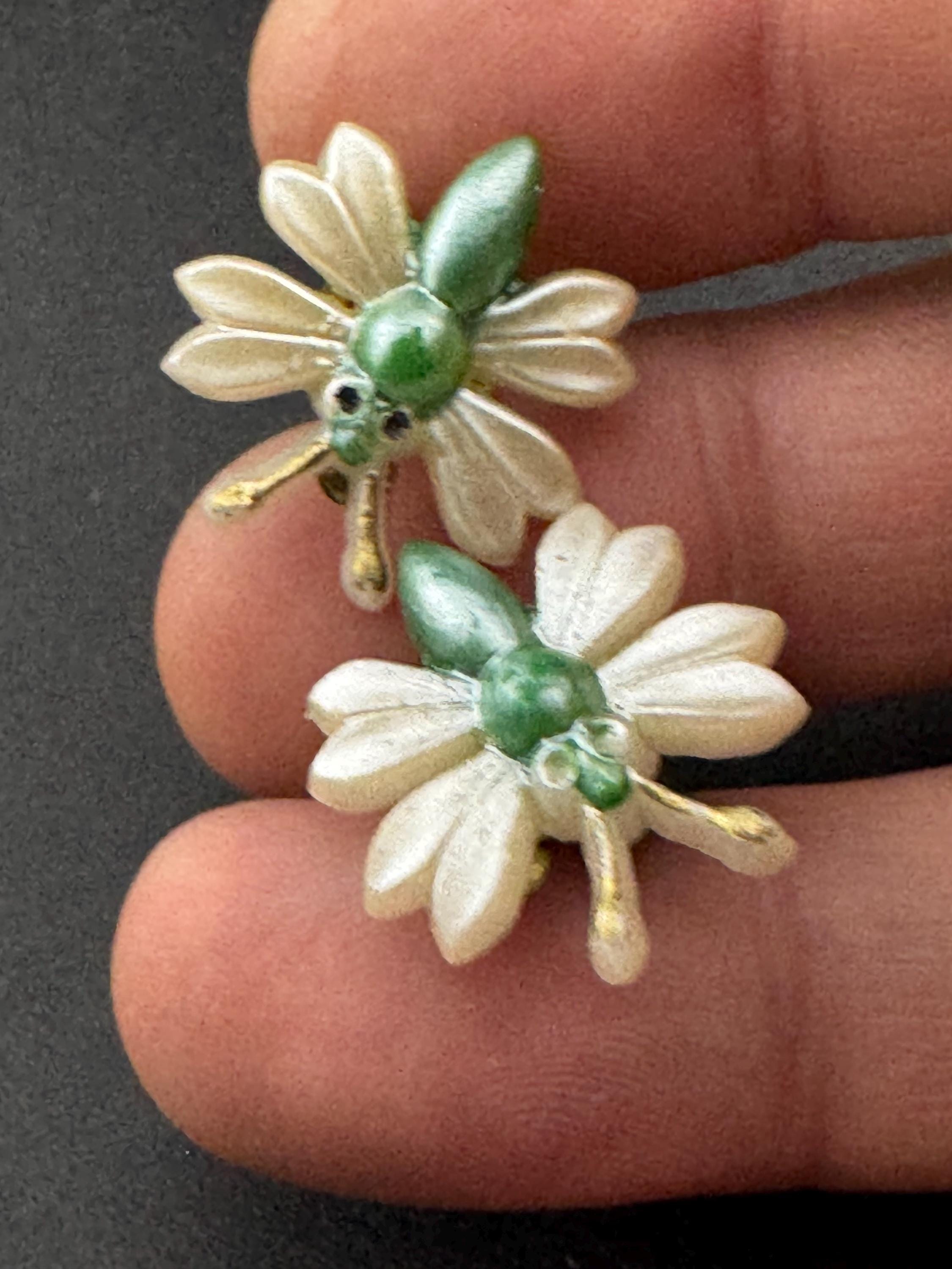 Vintage cute cream and green small faux Pearl plastic butterfly stud clip on earrings mid century