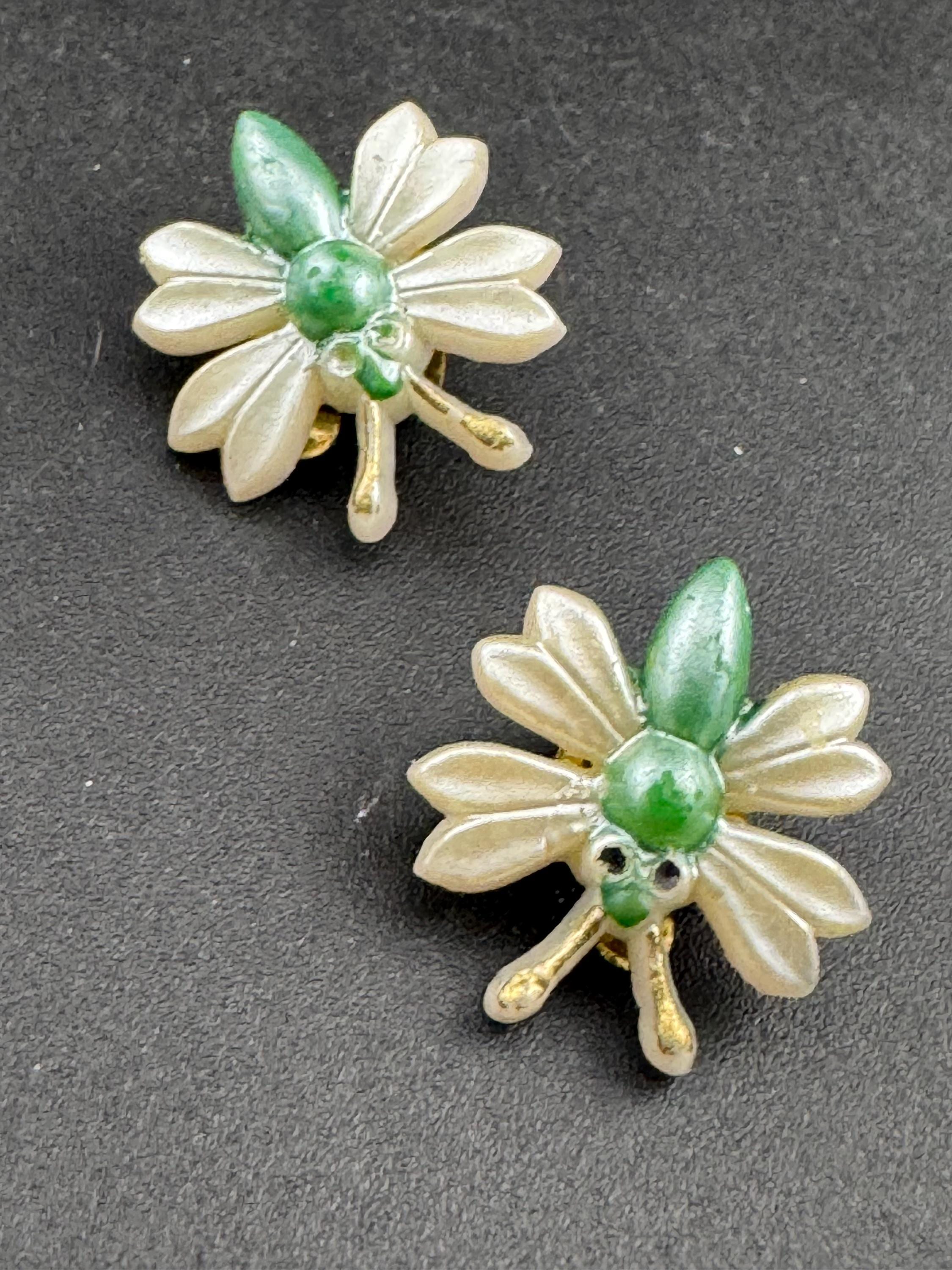 Vintage cute cream and green small faux Pearl plastic butterfly stud clip on earrings mid century