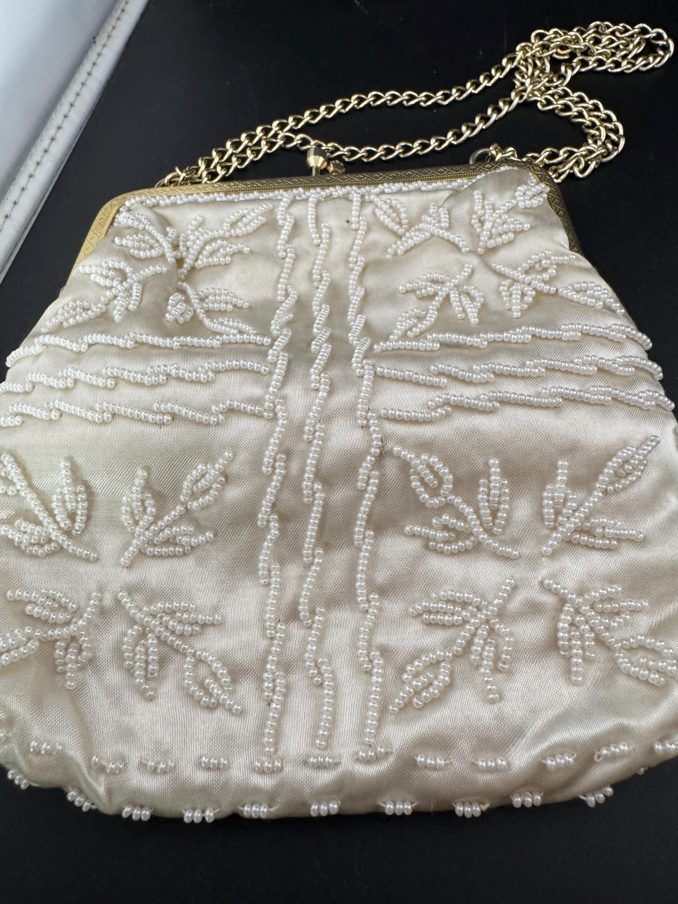 Vintage 1960s Gold and cream satin  seed beaded Evening Bag Hong Kong cosmetic Purse