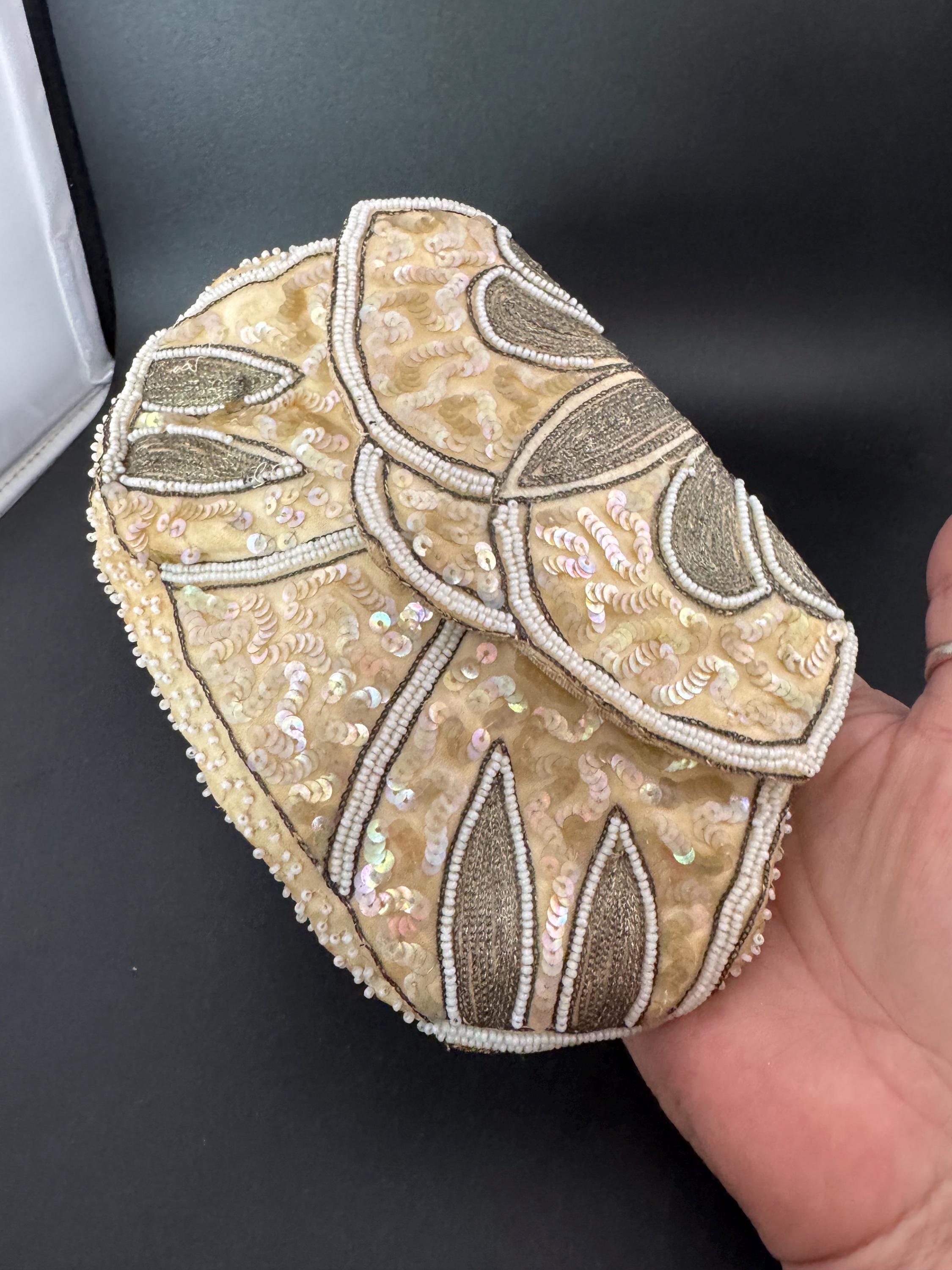 Vintage cream brown white micro beaded evening purse belgian, hinged