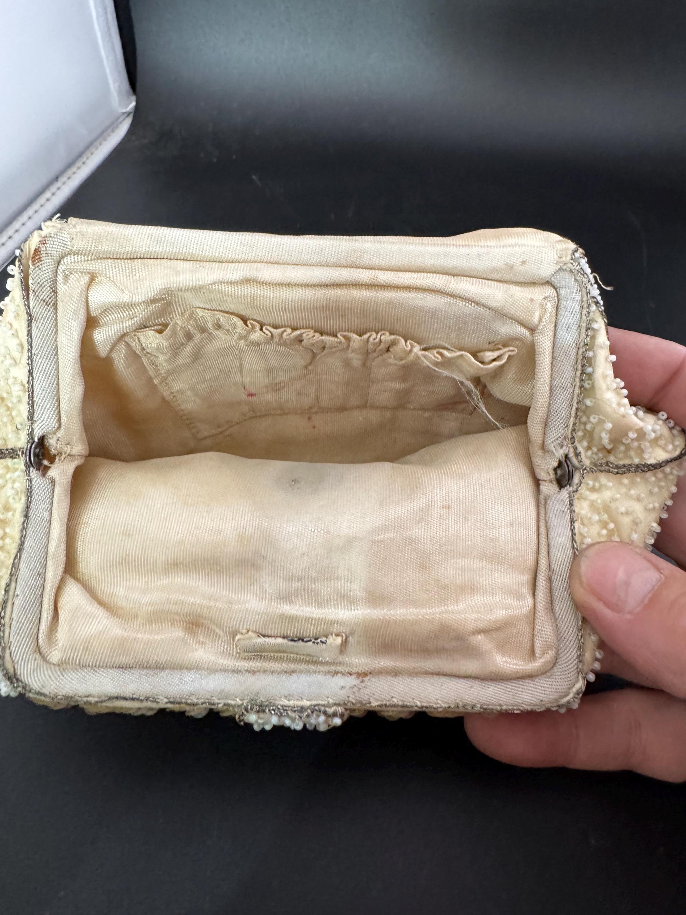 Vintage cream brown white micro beaded evening purse belgian, hinged