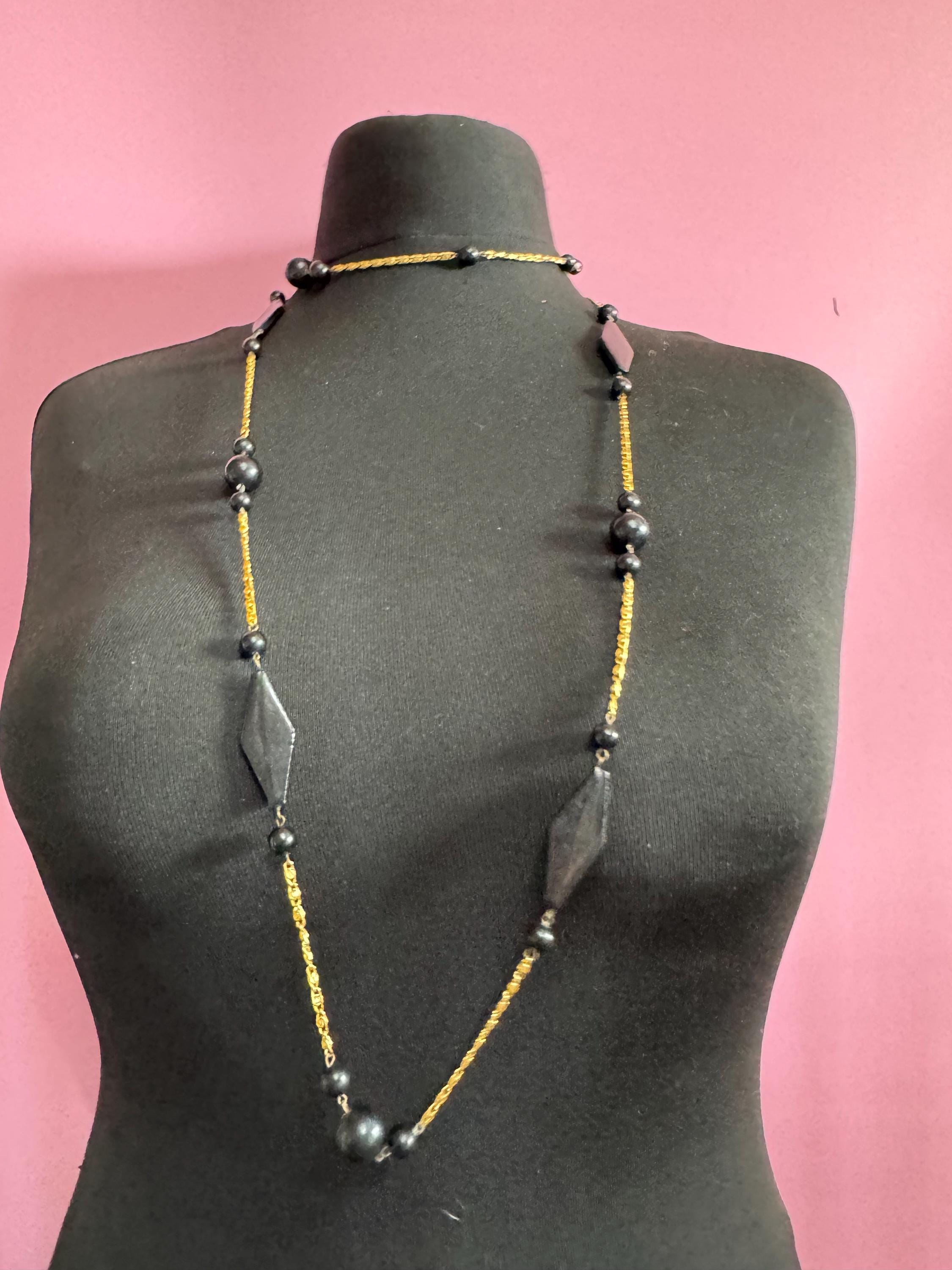 vintage 142cm long 1980s gold tone  scroll chain link black beaded station necklace