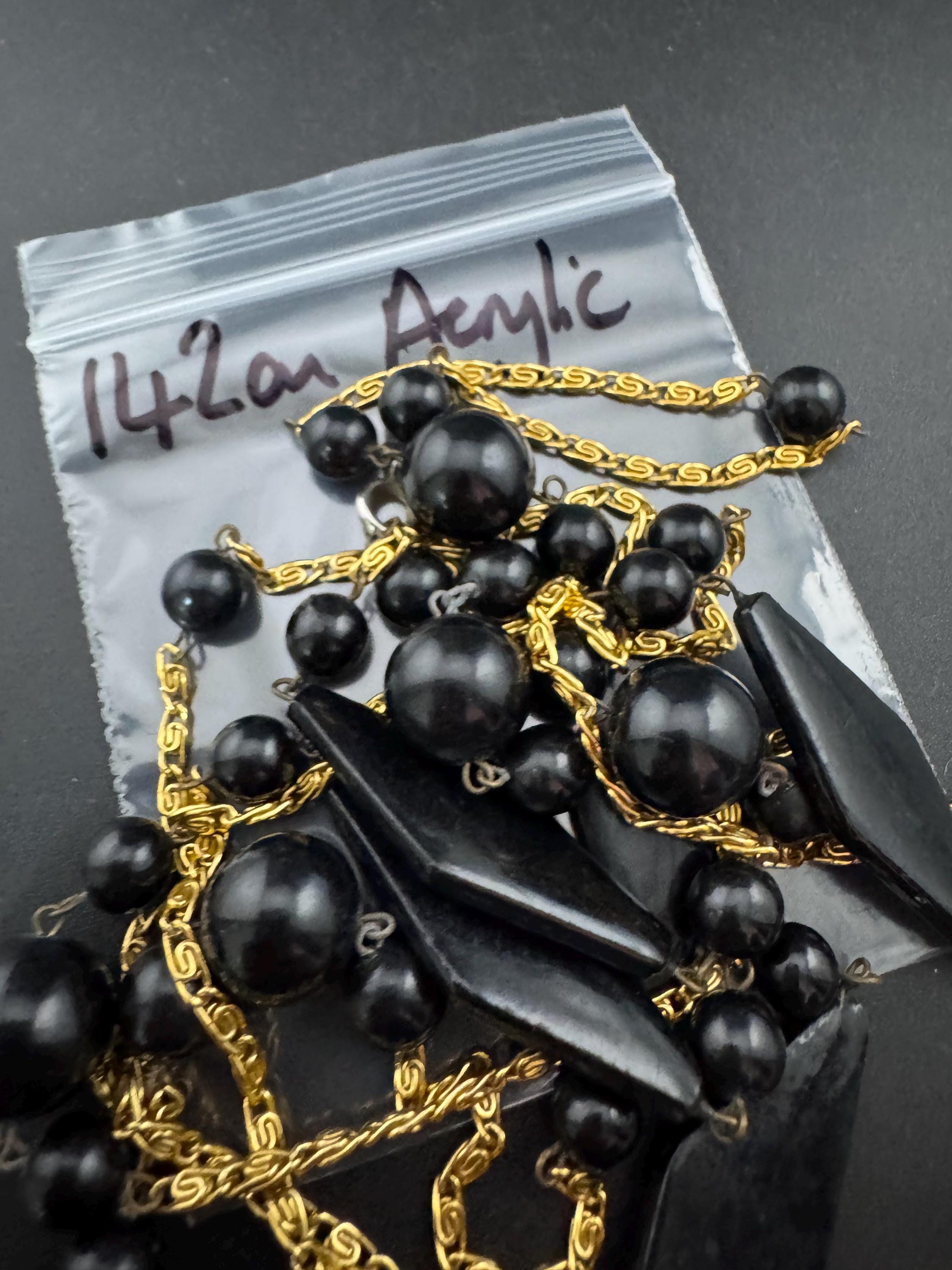 vintage 142cm long 1980s gold tone  scroll chain link black beaded station necklace