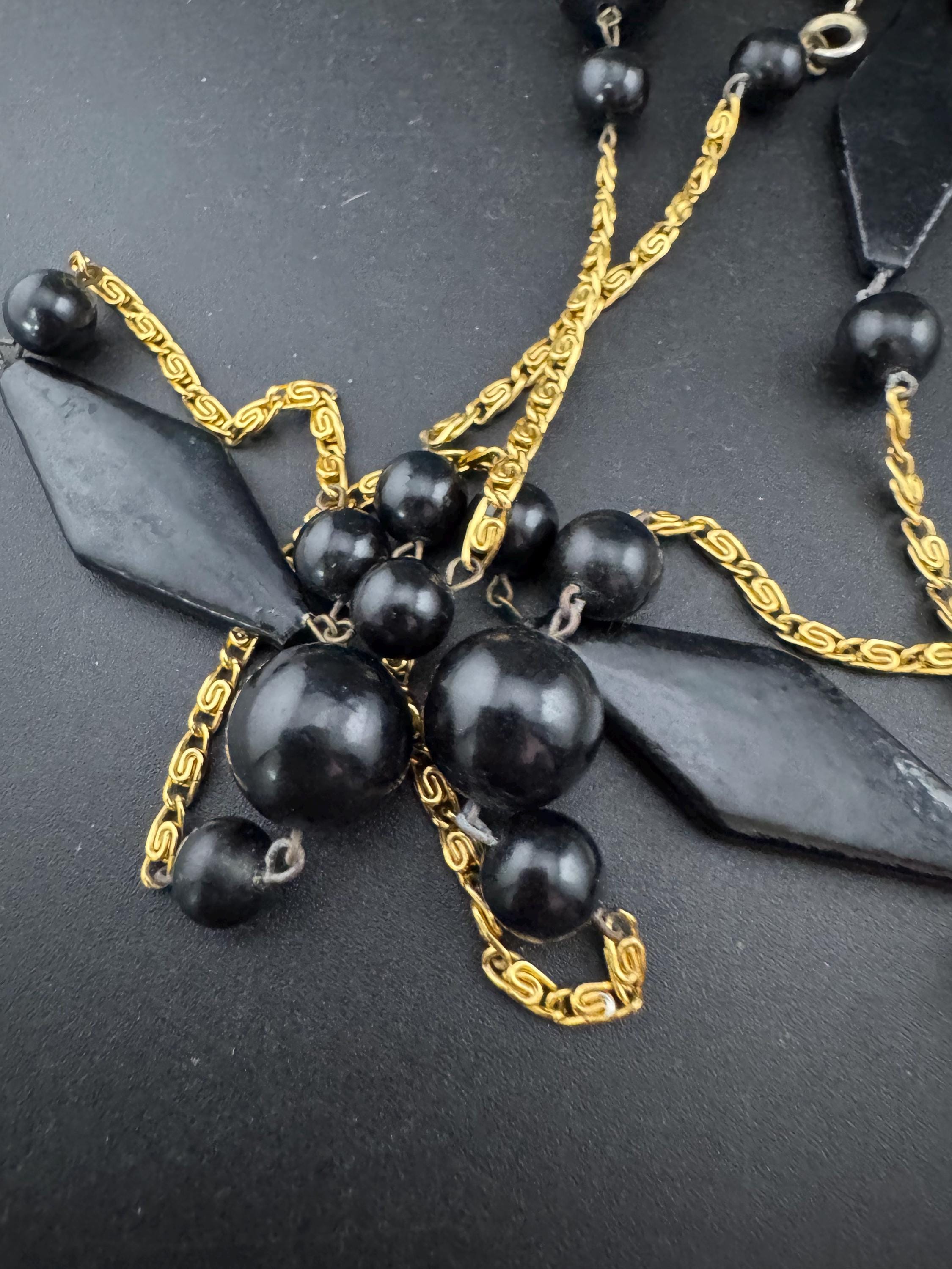 vintage 142cm long 1980s gold tone  scroll chain link black beaded station necklace
