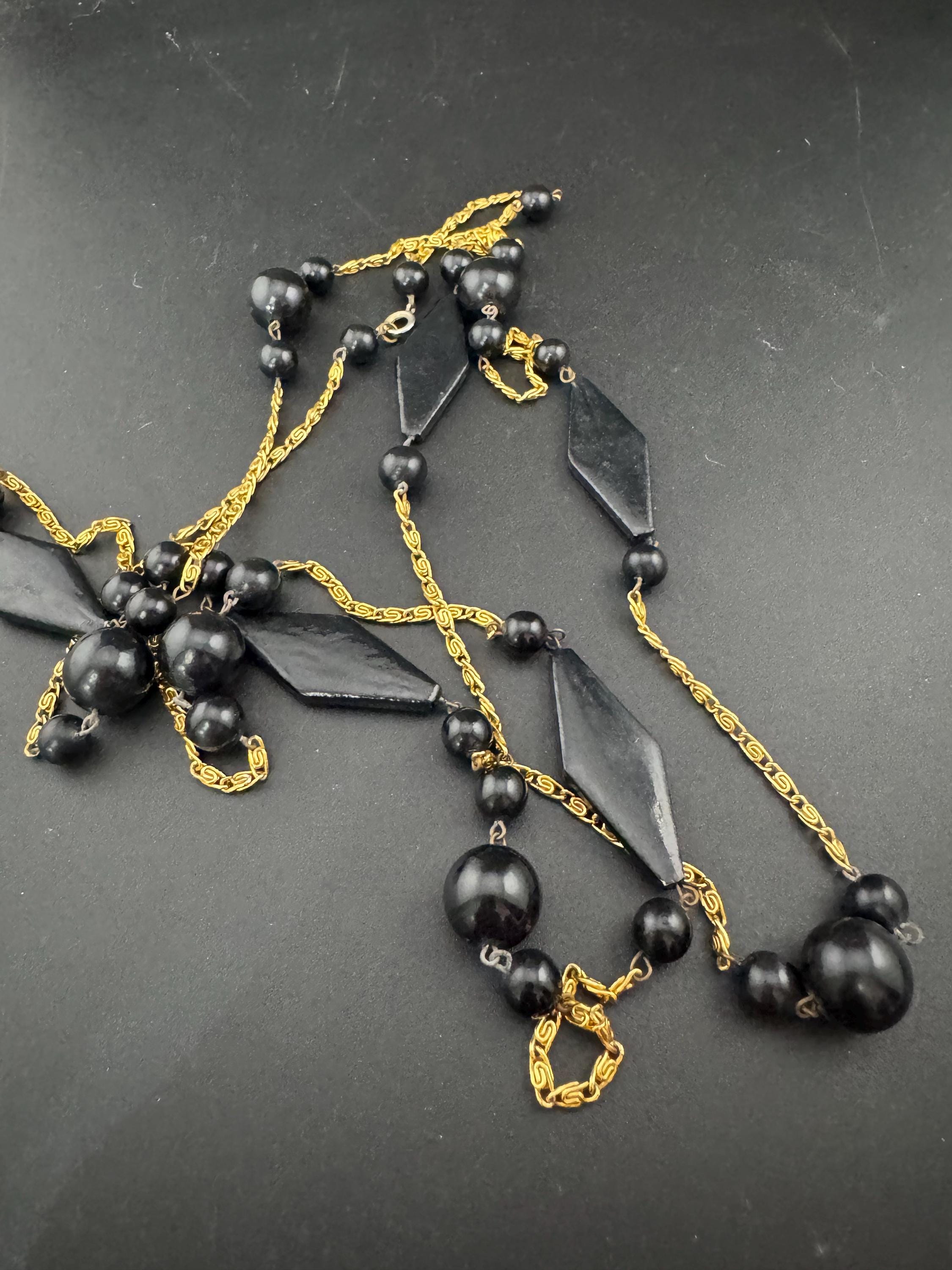 vintage 142cm long 1980s gold tone  scroll chain link black beaded station necklace