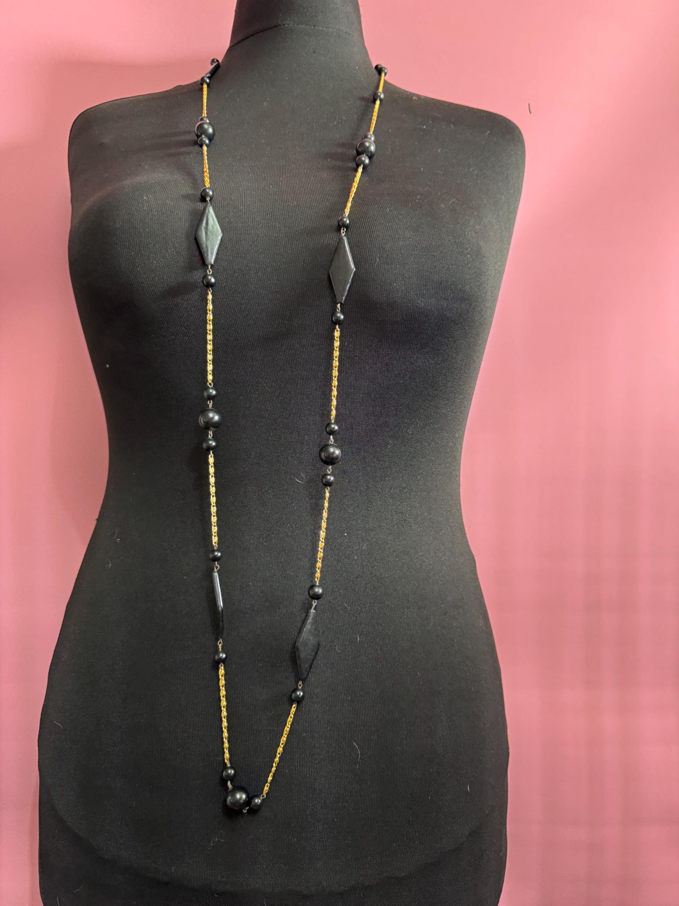 vintage 142cm long 1980s gold tone  scroll chain link black beaded station necklace