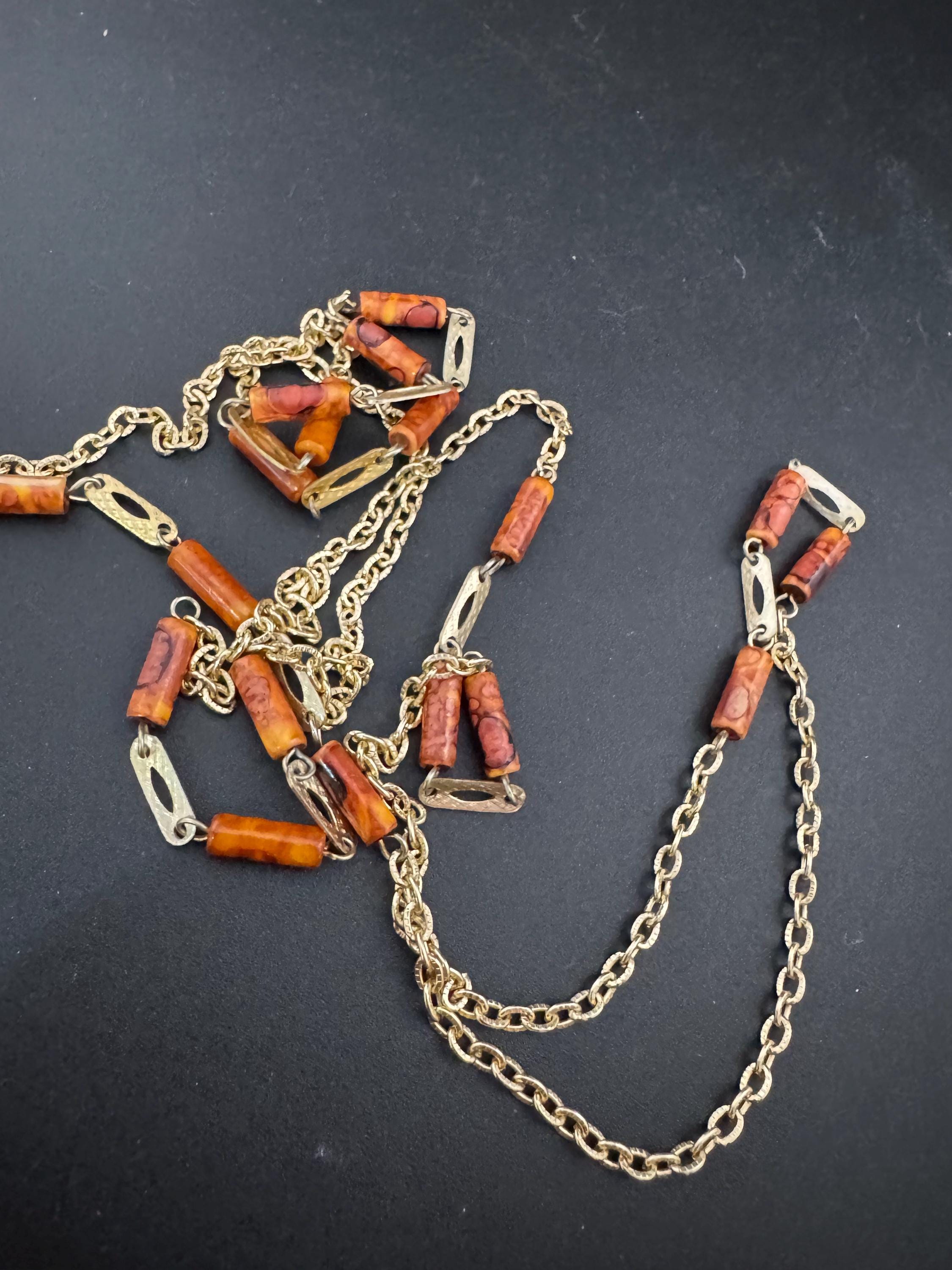 108cm very long gold tone orange brown beige plastic tube beaded station necklace 1960s Eloxal lightweight