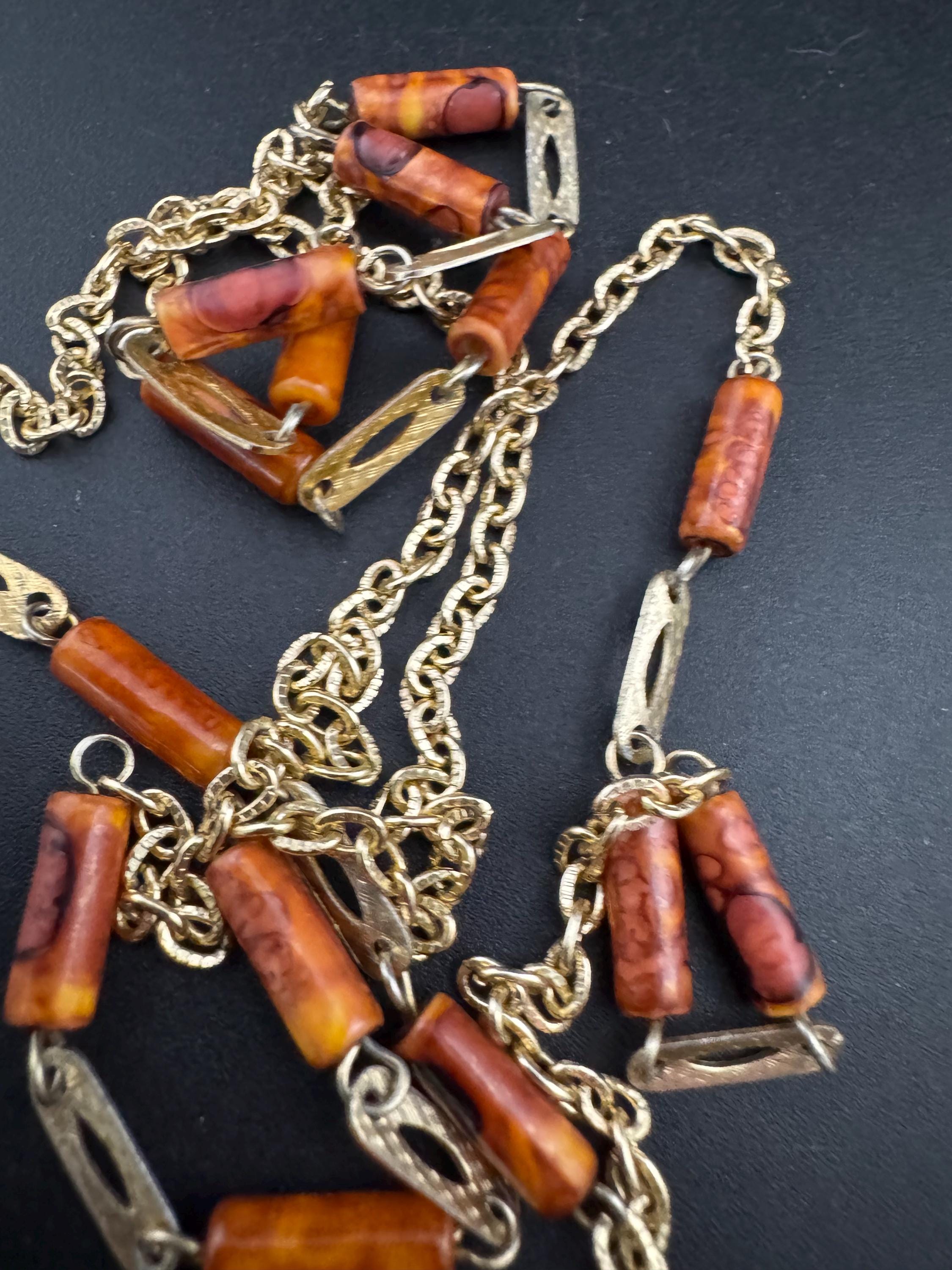 108cm very long gold tone orange brown beige plastic tube beaded station necklace 1960s Eloxal lightweight