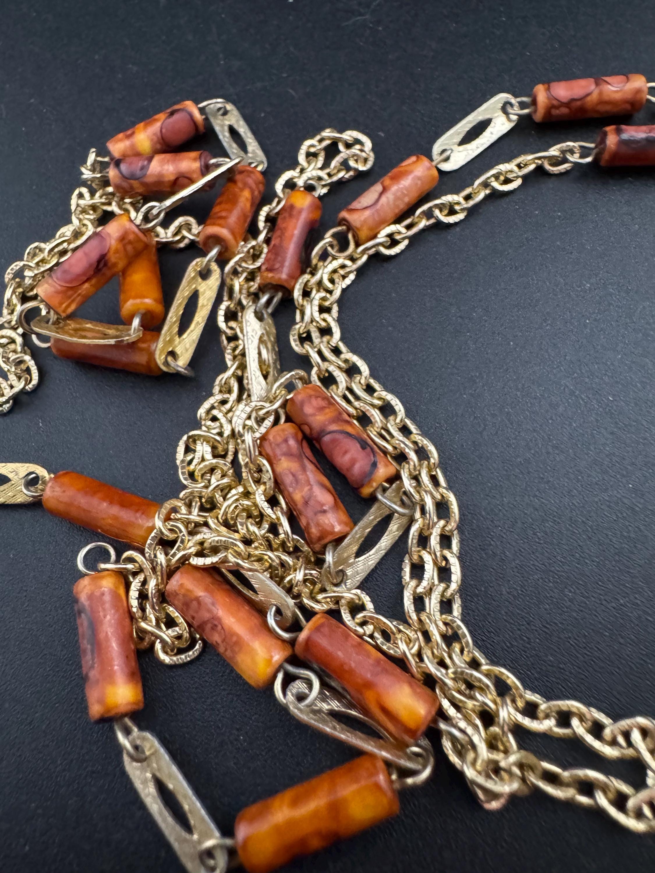 108cm very long gold tone orange brown beige plastic tube beaded station necklace 1960s Eloxal lightweight
