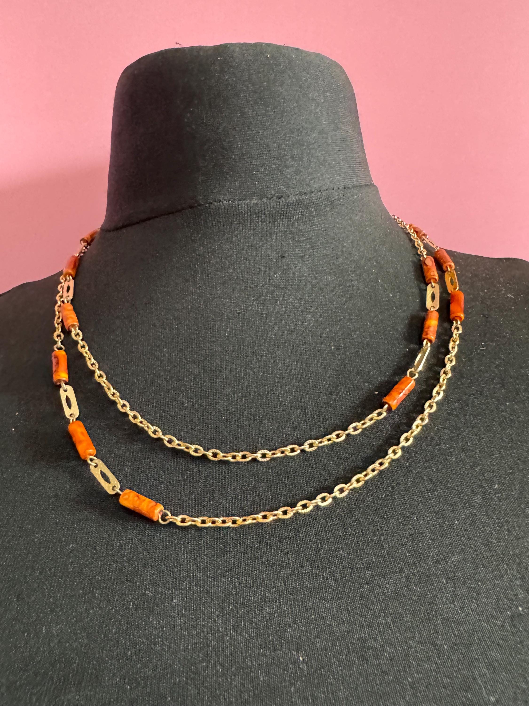 108cm very long gold tone orange brown beige plastic tube beaded station necklace 1960s Eloxal lightweight
